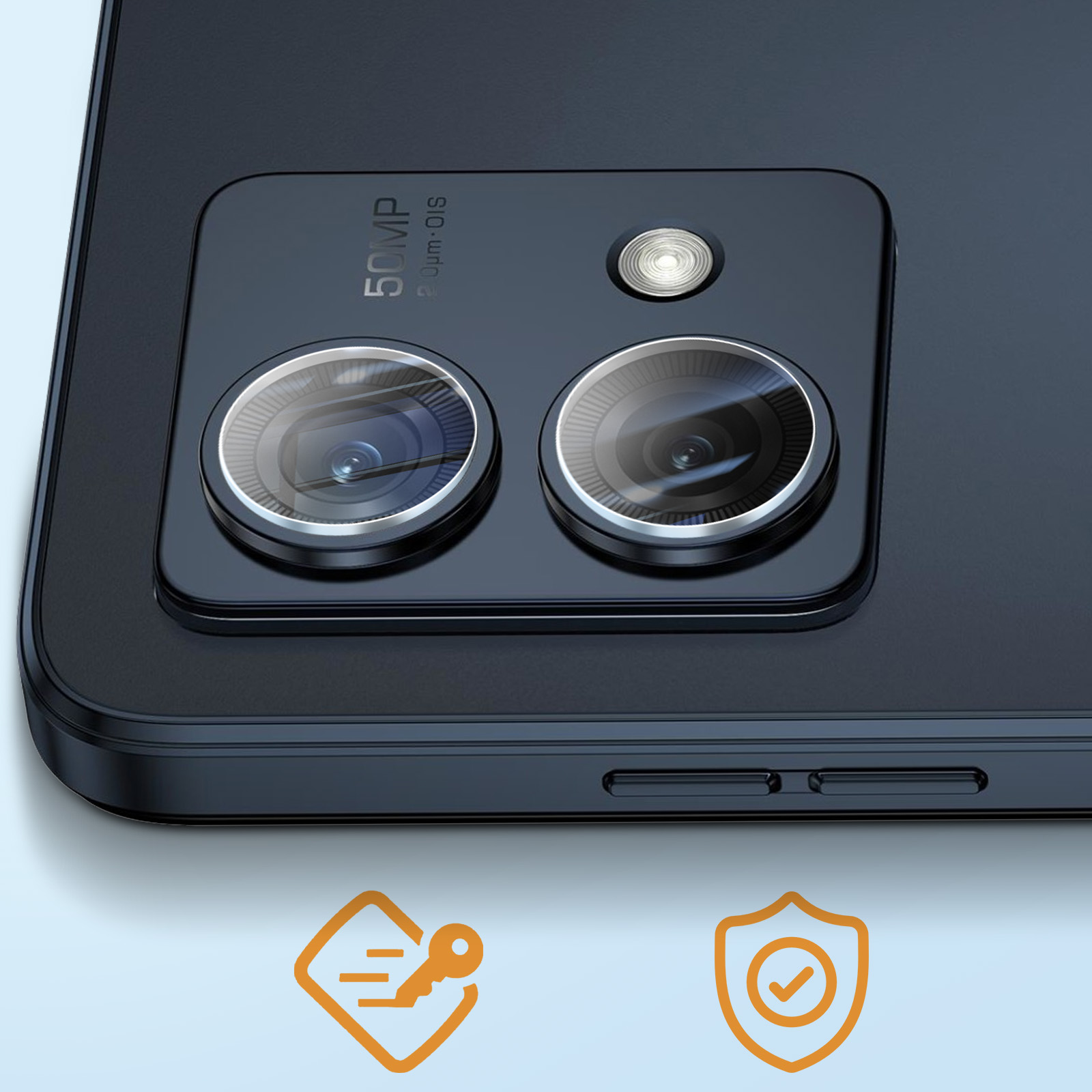Un primo piano di un telefono con due fotocamere, le parole 50MP e icone di sicurezza.