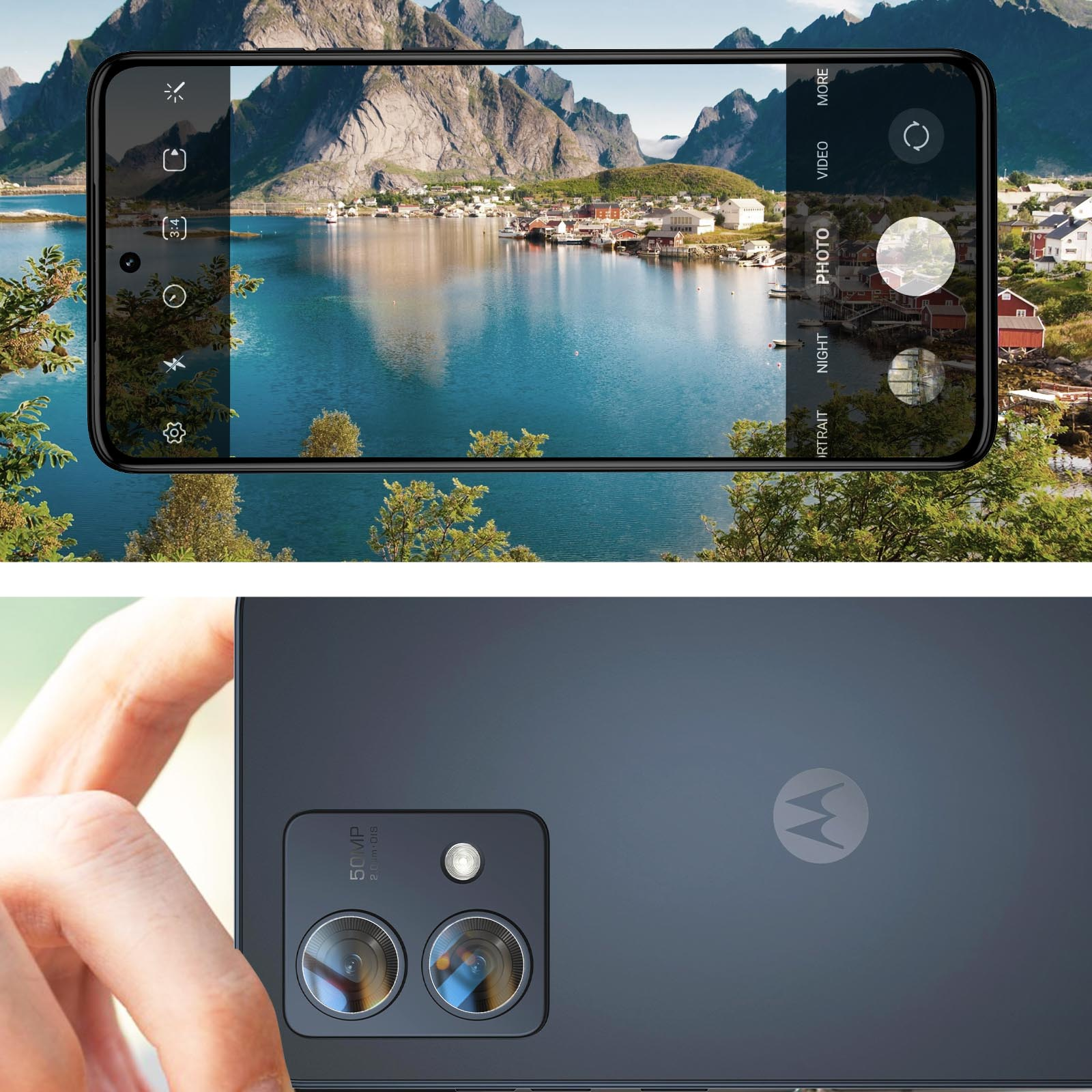 Schermo dello smartphone che mostra una vista panoramica di montagne, acqua e case. Telefono e fotocamera visibili.