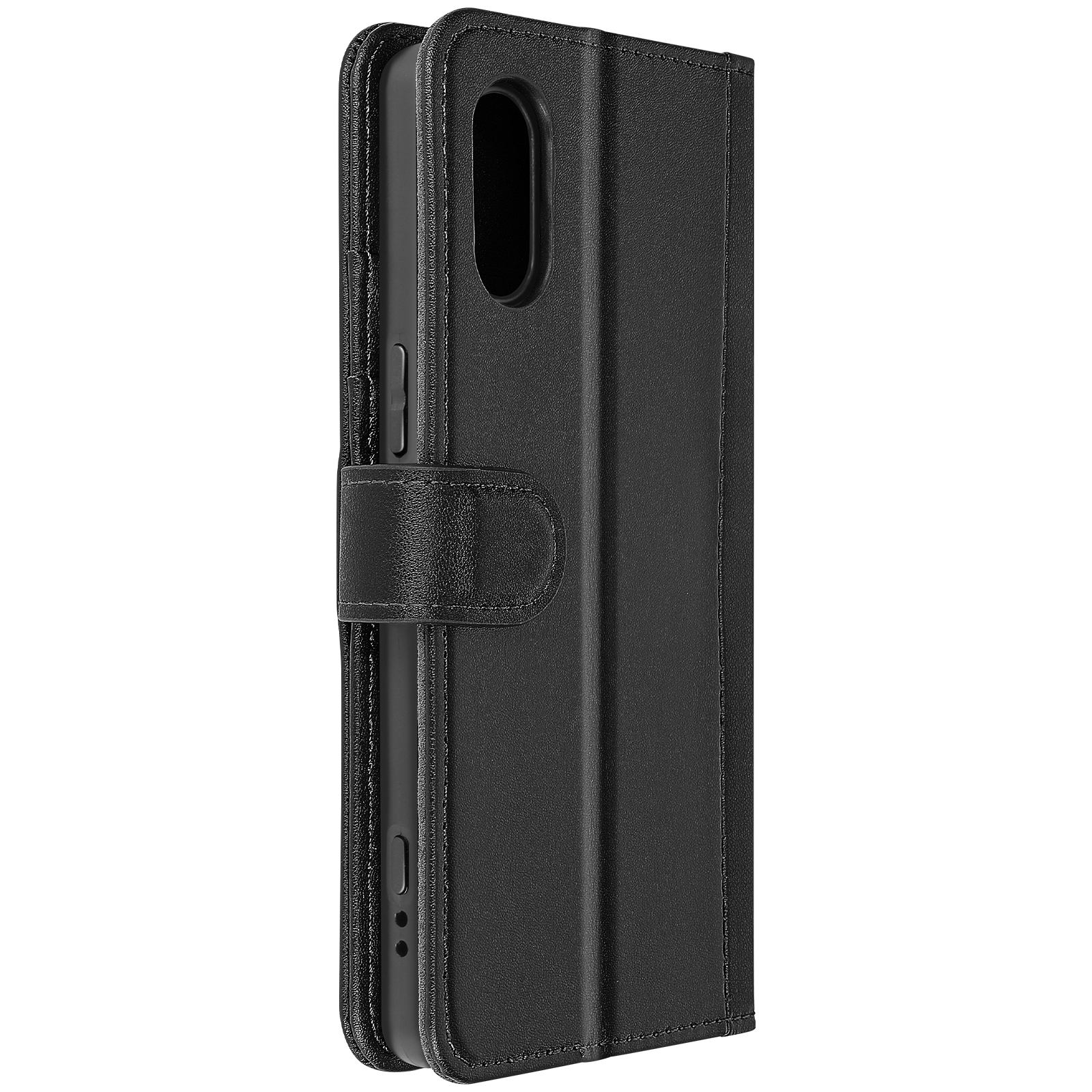 Schwarze Handyhülle im Brieftaschenstil, mit Verschluss. Die Hülle ist geschlossen.