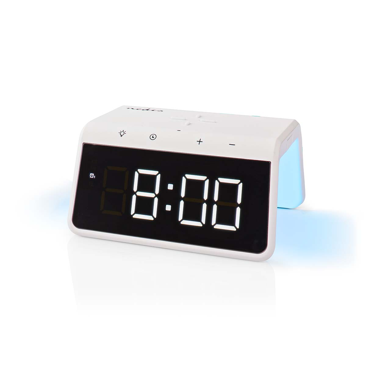 Ein weißer digitaler Wecker mit der Anzeige 8:00, mit Beleuchtung und Tasten.