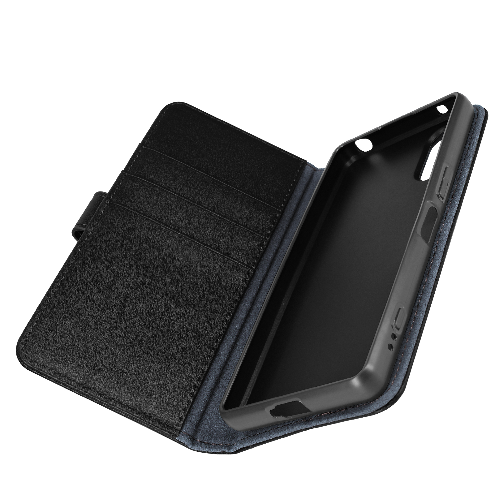 Geöffnete schwarze Handyhülle mit Kartenfächern und Telefonrahmen.