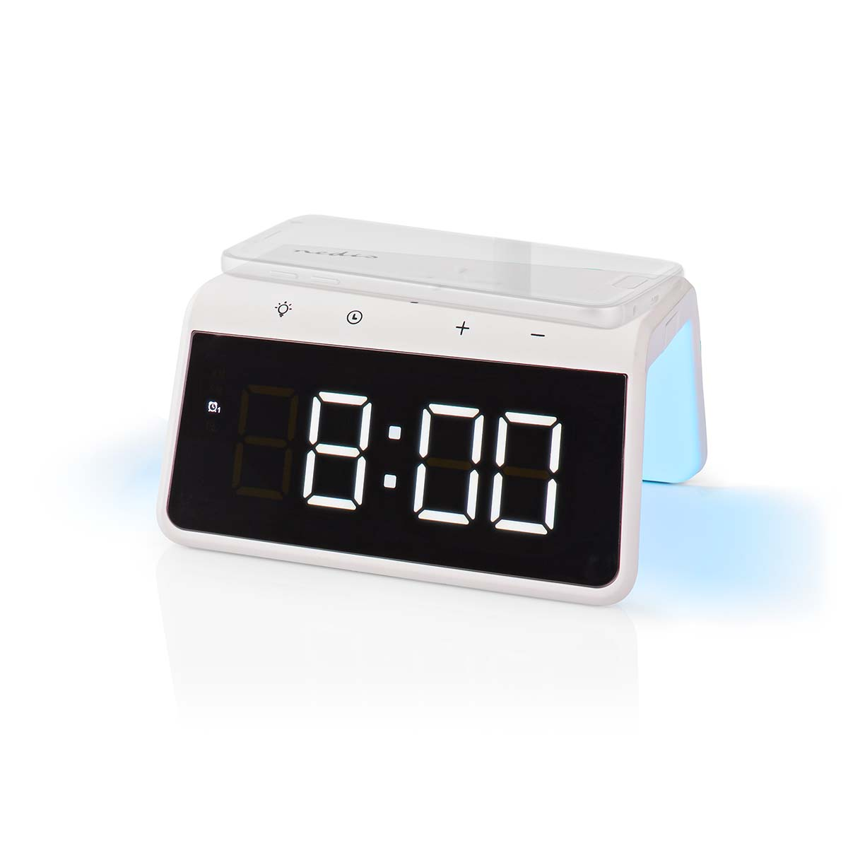 Weißer Wecker mit Digitalanzeige, die 8:00 anzeigt. Er hat eine Telefonladestation oben.