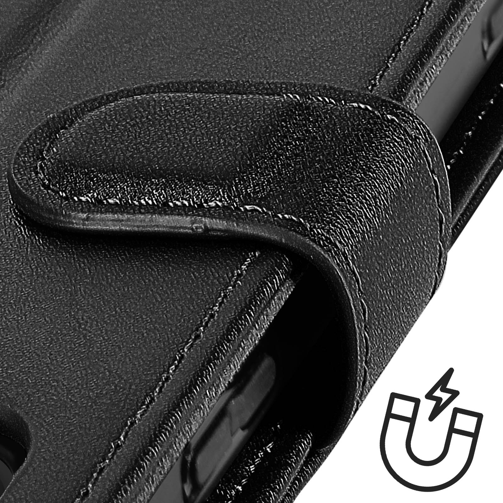Nahaufnahme einer schwarzen Leder-Handyhülle mit Nähten. Ein Magnetverschluss ist sichtbar.