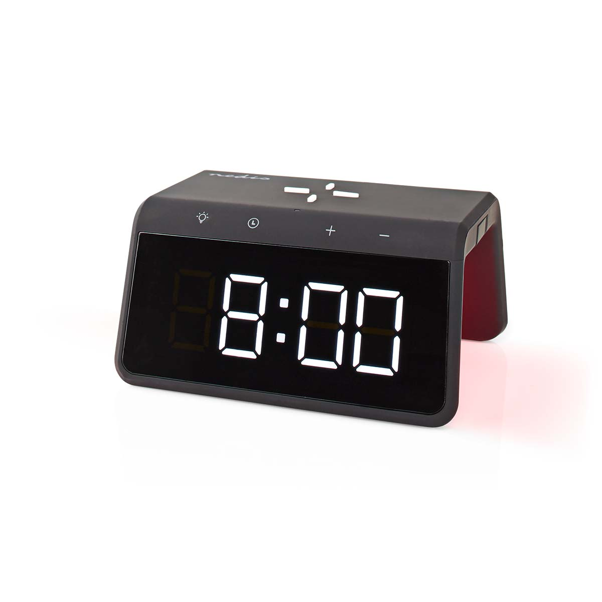 Schwarzer digitaler Wecker, der 8:00 Uhr anzeigt. Er hat Tasten oben und ein rotes Licht auf der Rückseite.
