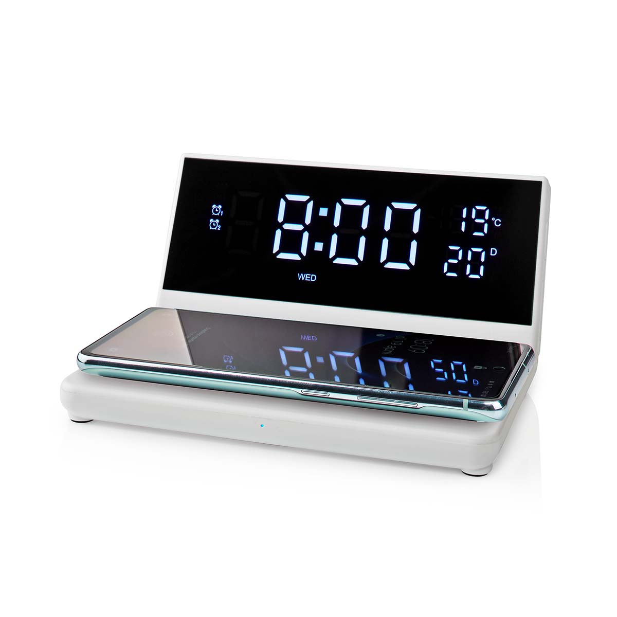 Digitaluhr mit Telefon oben. Zeigt Zeit und Temperatur.