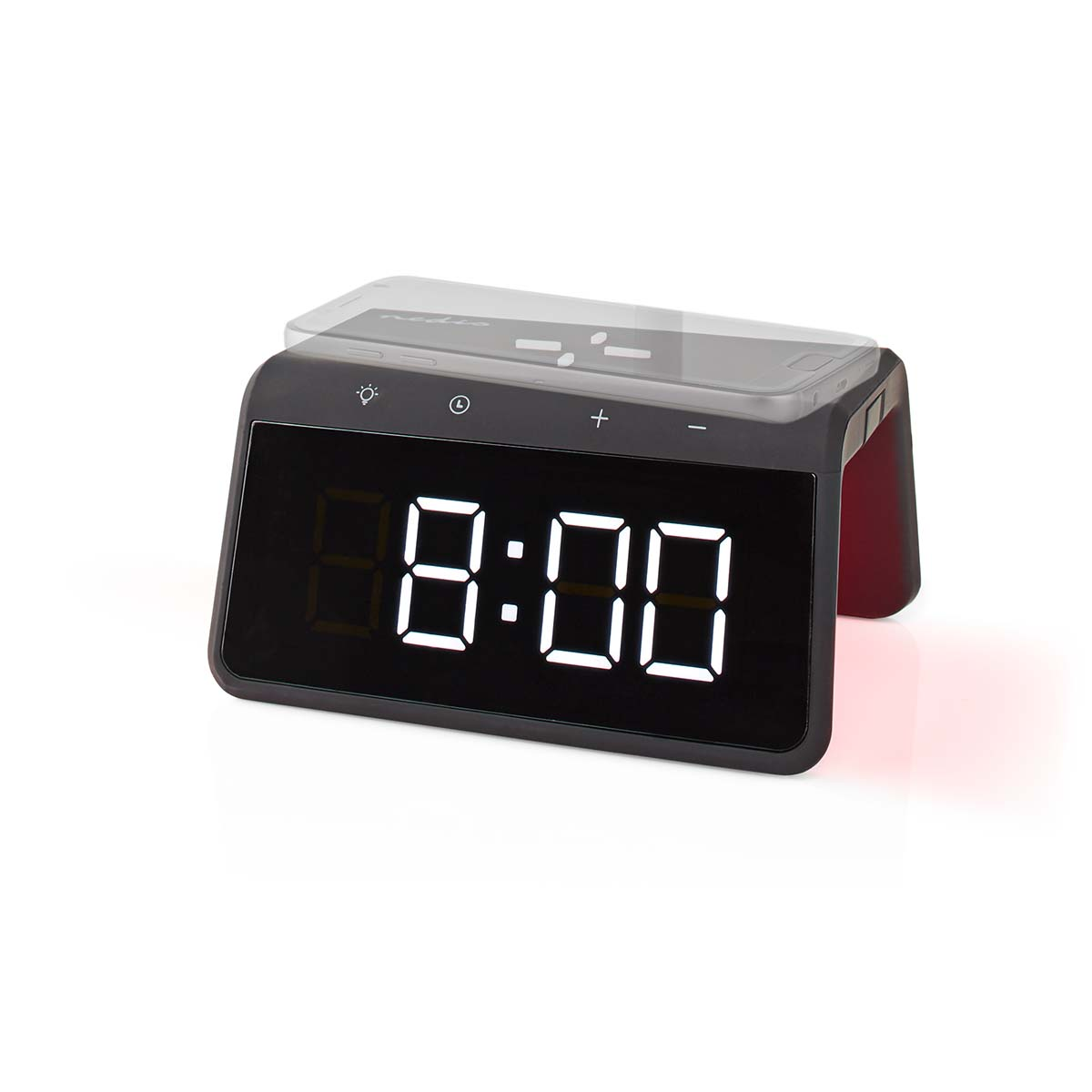 Schwarzer digitaler Wecker, der 8:00 anzeigt, mit einem Telefon, das oben aufgeladen wird.