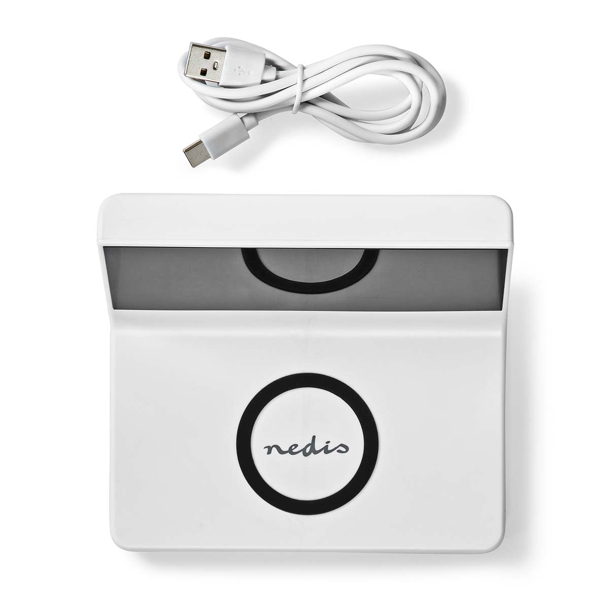 Weiße Ladestation mit USB-Kabel und schwarzem Kreissymbol.