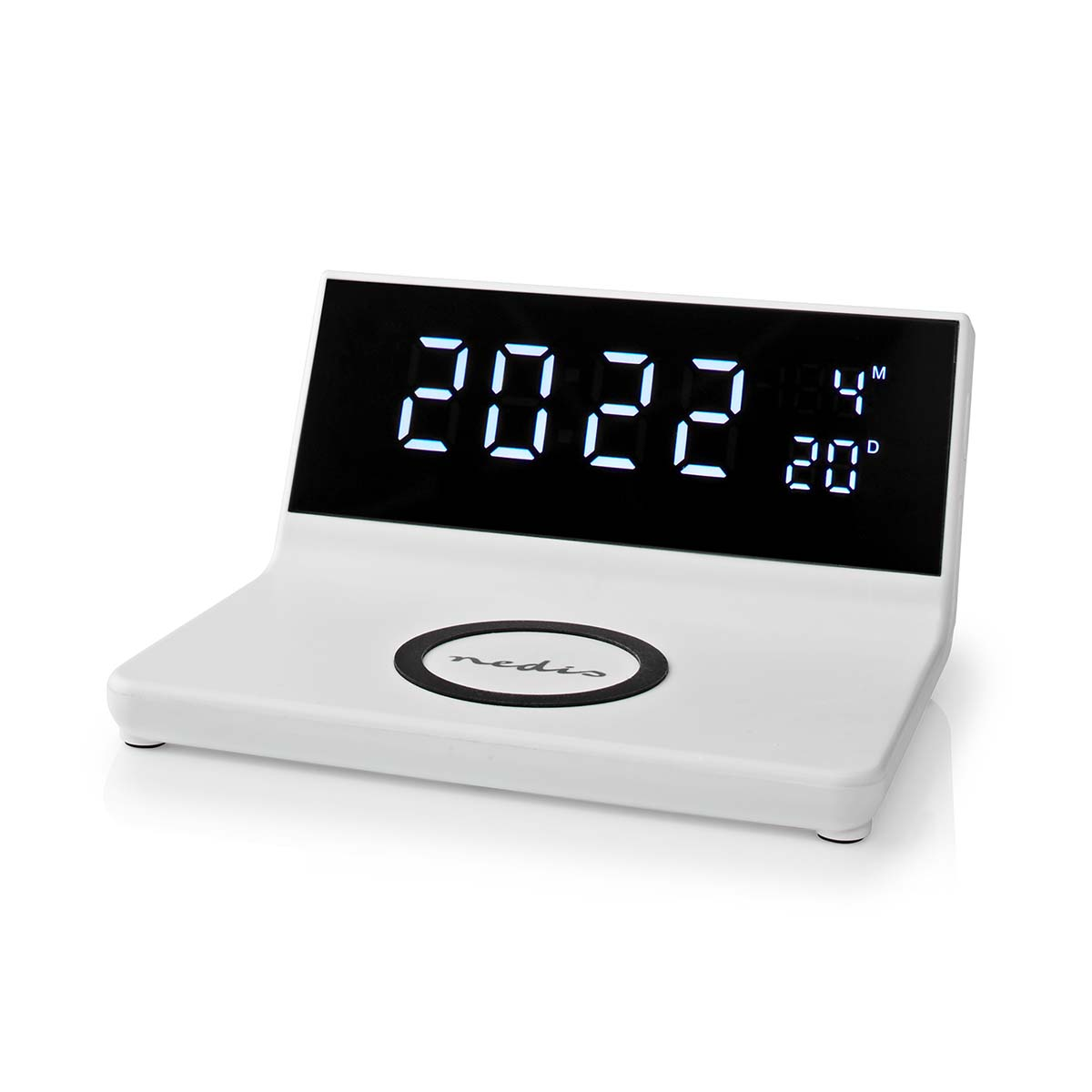 Weiße Digitaluhr mit der Jahreszahl 2022, kabellosem Ladepad und dem Wort 'nedis'.