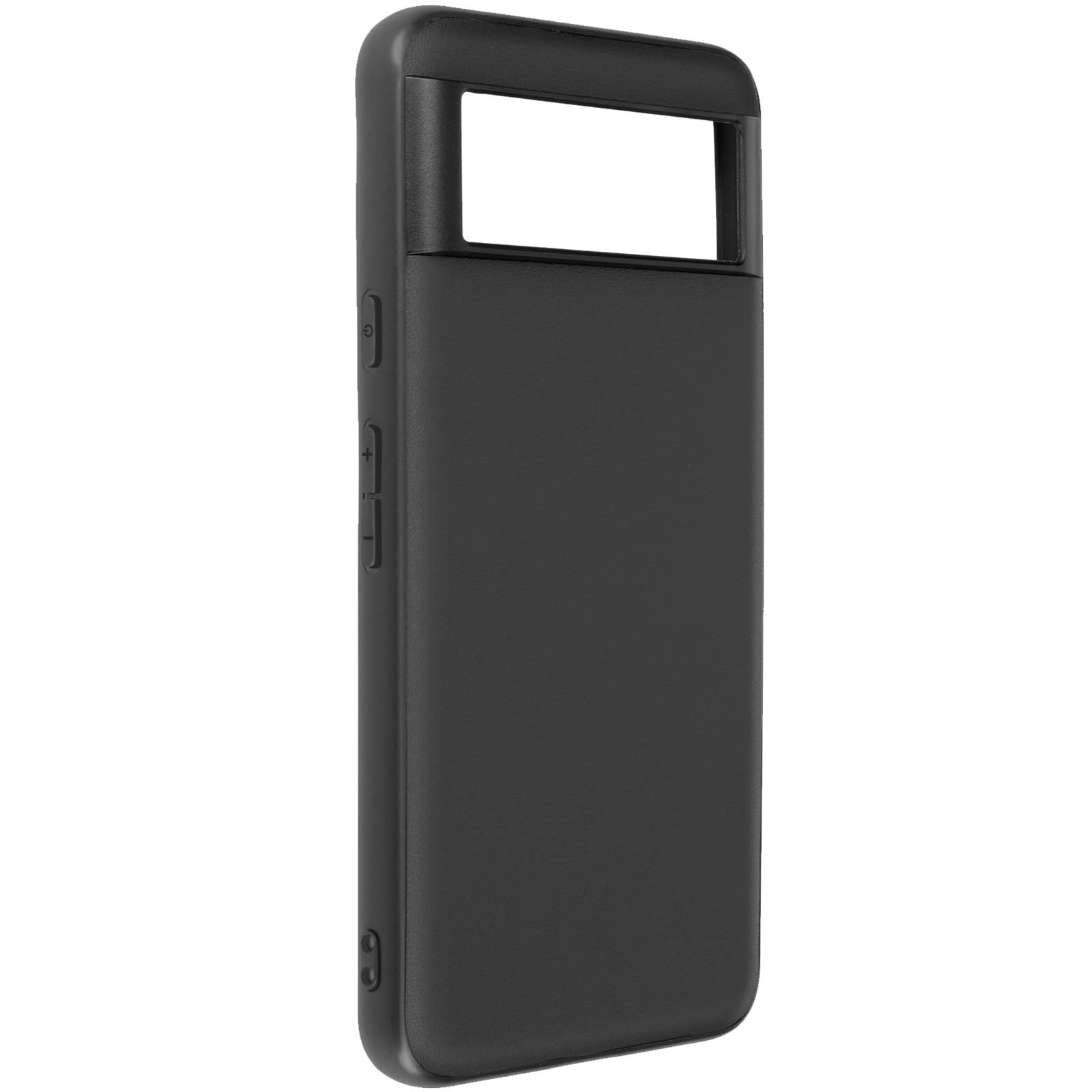 Custodia nera per telefono con ritaglio rettangolare per fotocamera e pulsanti laterali. Semplice.