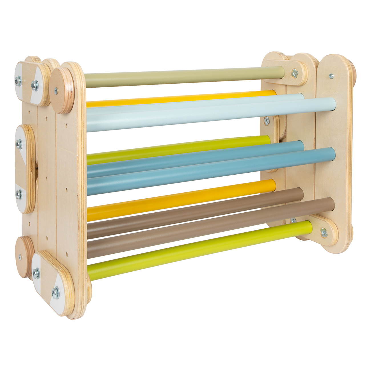 Holz-Klettergerüst mit mehrfarbigen Stangen für das Spiel und die Entwicklung von Kindern.