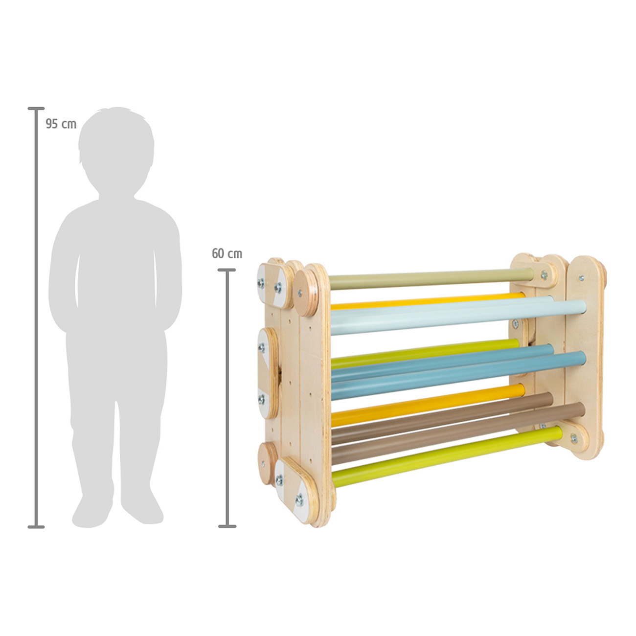 Klettergerüst aus Holz mit bunten Sprossen. Daneben eine Kindsilhouette.