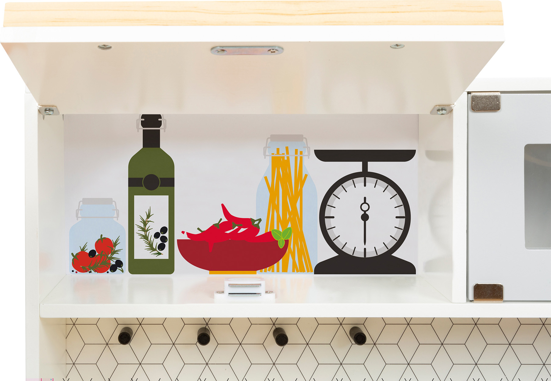 Küchenschrank mit Lebensmittel-Illustrationen: Tomaten, Paprika, Pasta und eine Waage.