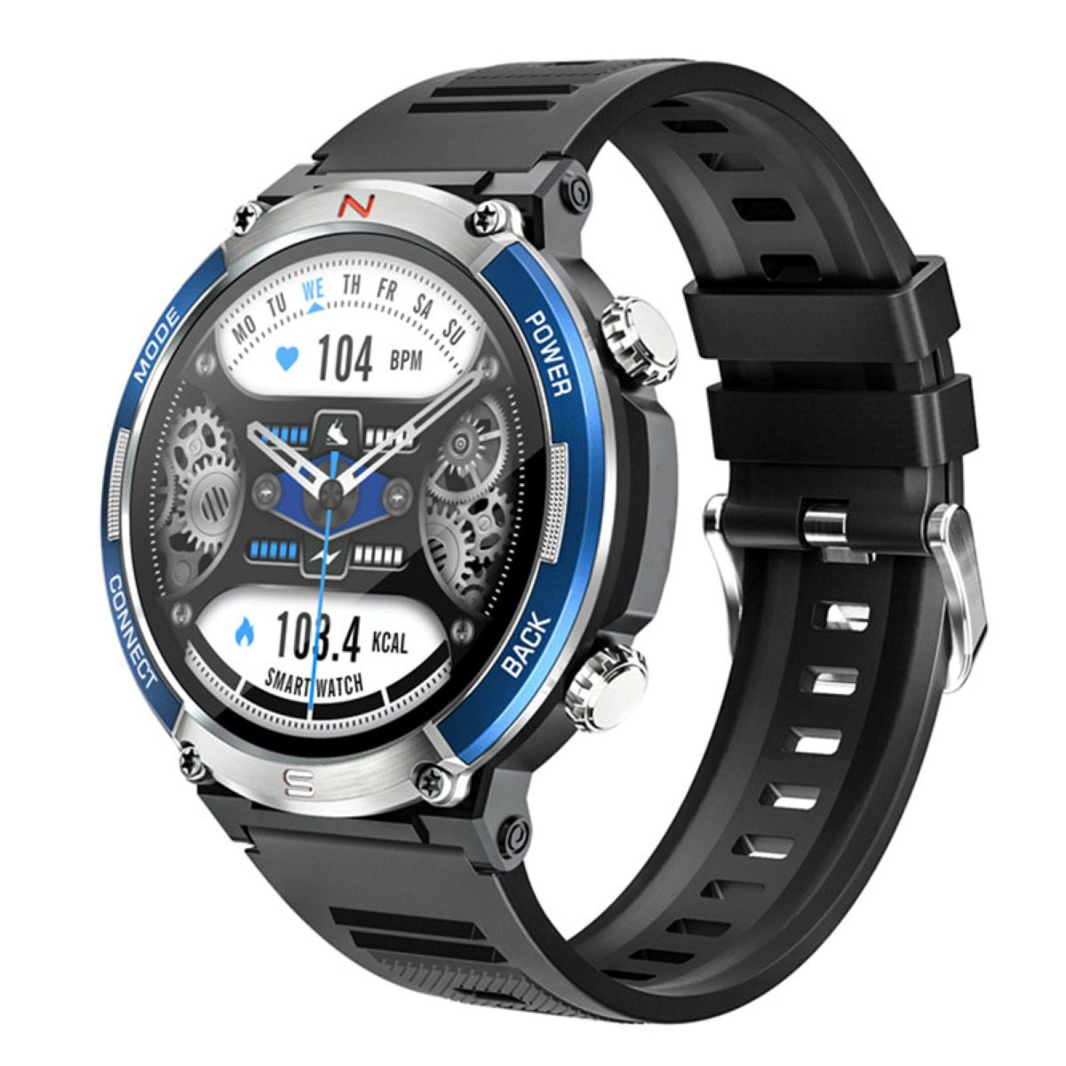 Smartwatch mit schwarzem Armband, zeigt Zeit, BPM und Kalorien an.