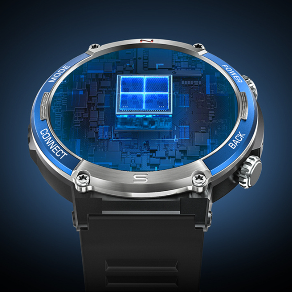 Nahaufnahme einer Smartwatch mit blauem Interface, zeigt interne Schaltkreise. Schwarzes Armband und dunkler Hintergrund.