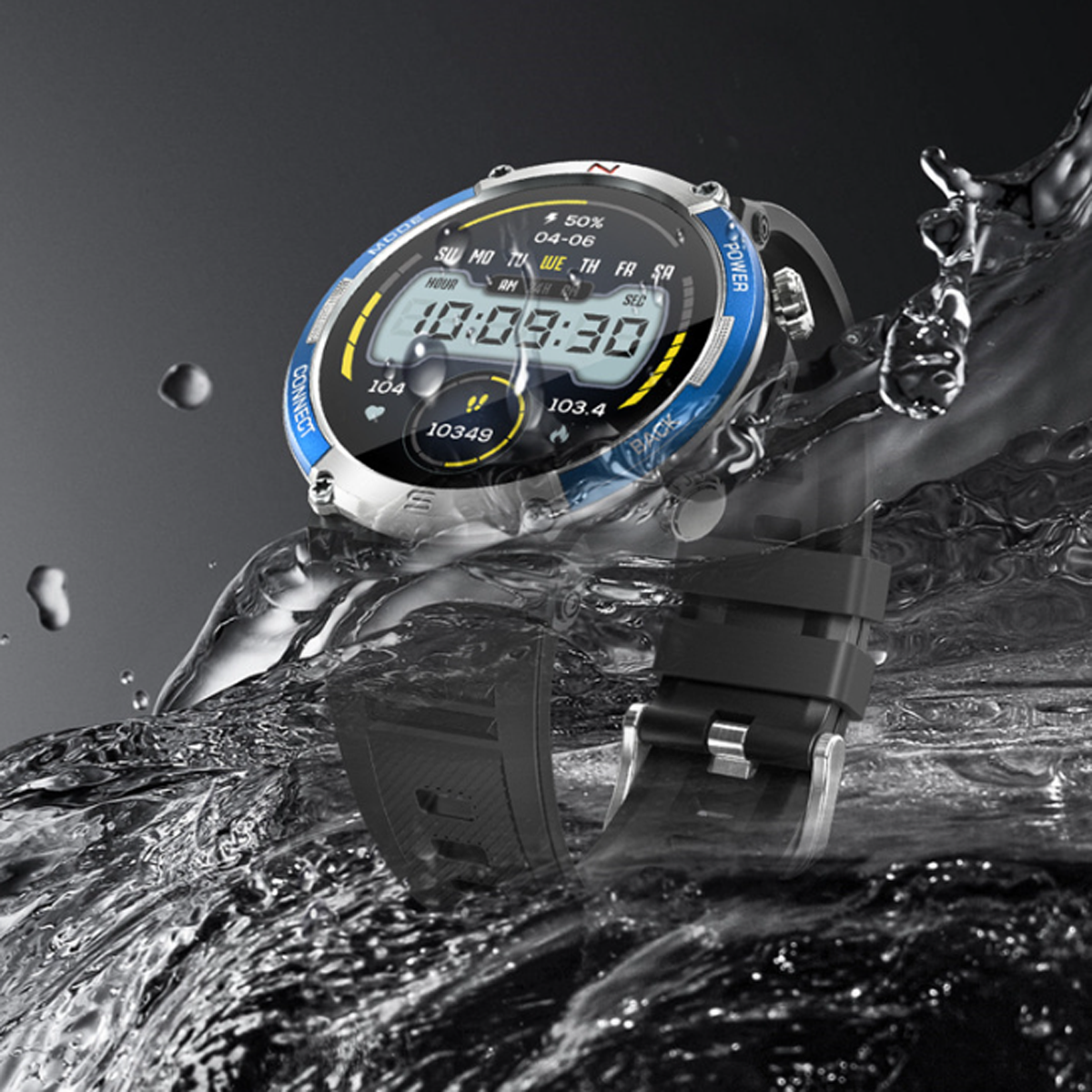 Smartwatch im Wasser mit digitaler Anzeige. Wassertropfen drumherum.