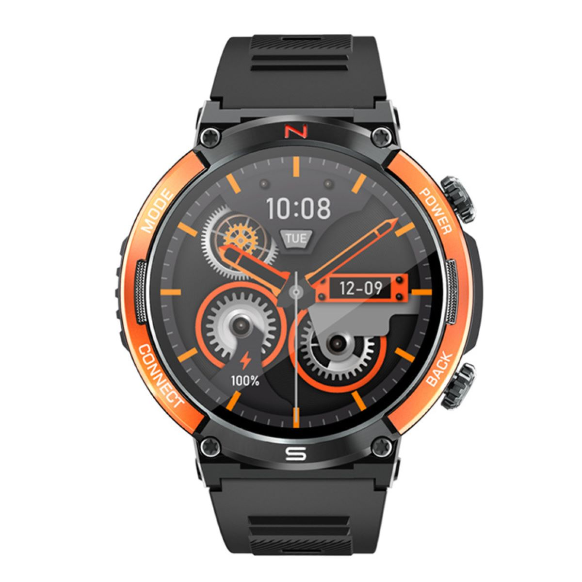 Eine Smartwatch mit schwarzem Armband und orangefarbenem Rand. Die Uhr zeigt die Uhrzeit und das Datum an.