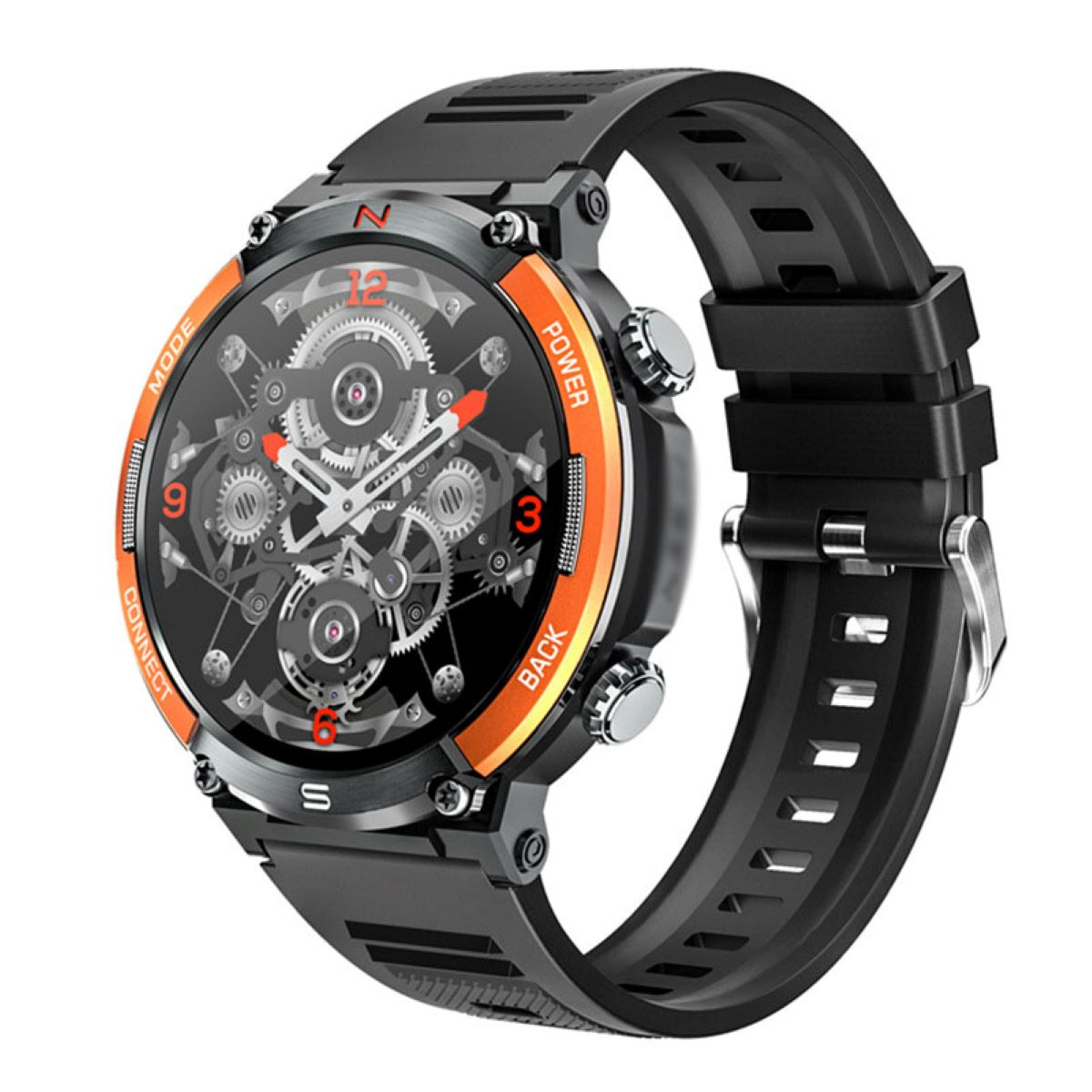 Schwarze und orangefarbene Smartwatch. Rundes Zifferblatt mit Zahnrädern und Zahlen. Schwarzes Armband.
