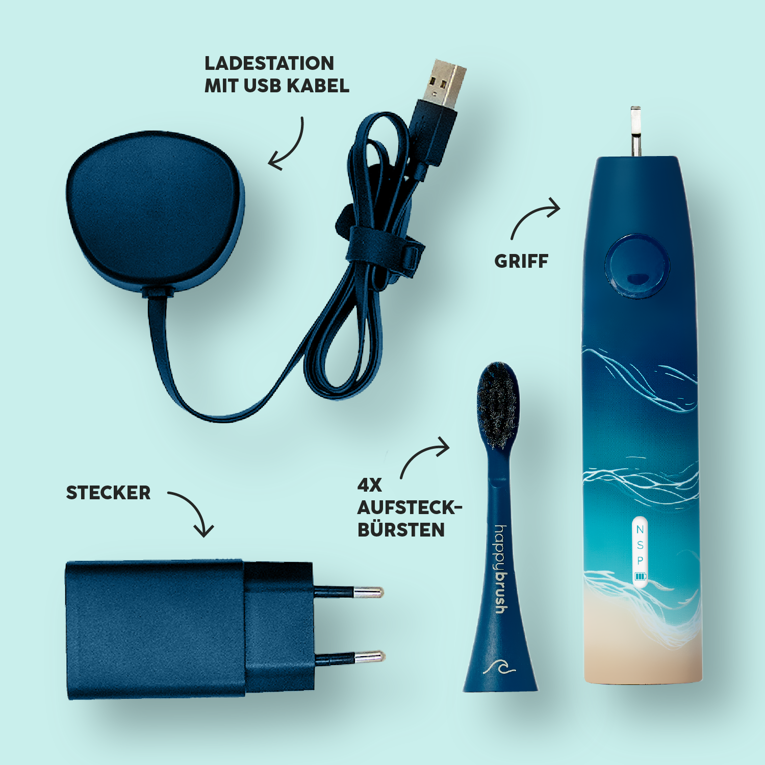 Zahnpflege-Set: Ladegerät, Netzstecker, Bürste und vier Bürstenköpfe. Alles blau.