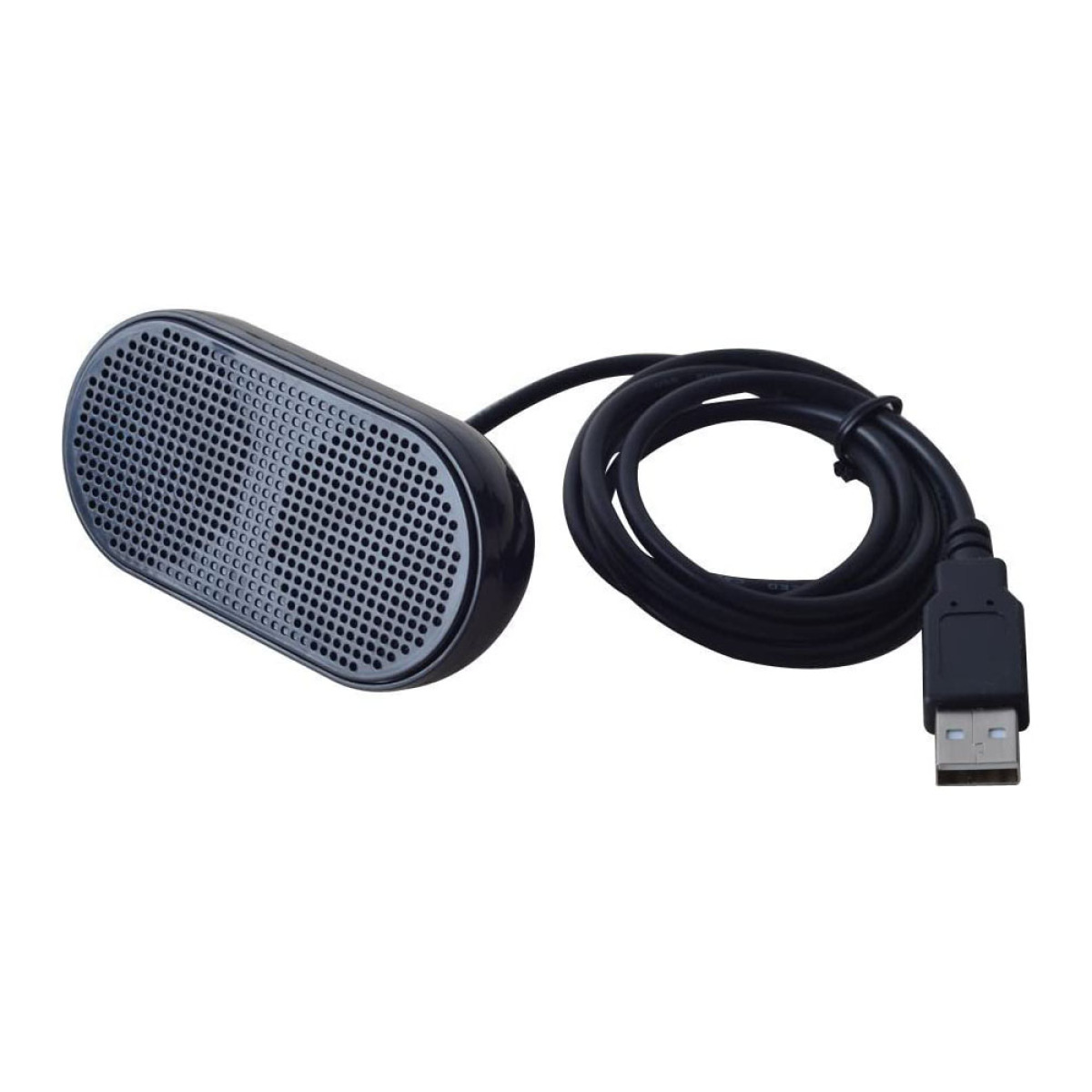 Ein schwarzer, ovaler Lautsprecher mit angeschlossenem USB-Kabel.