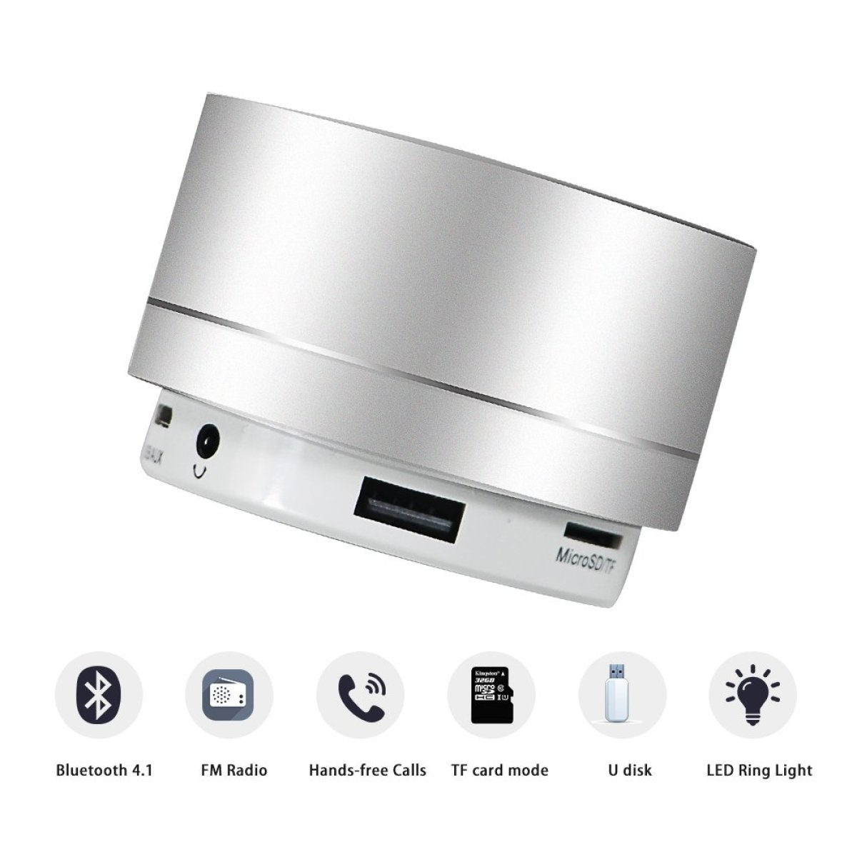 Silberner, zylindrischer Lautsprecher mit Bluetooth und anderen Funktionssymbolen darunter.