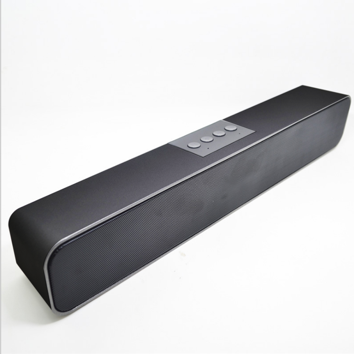 Schwarze Soundbar mit Knöpfen oben. Es ist eine lange rechteckige Form mit abgerundeten Kanten.