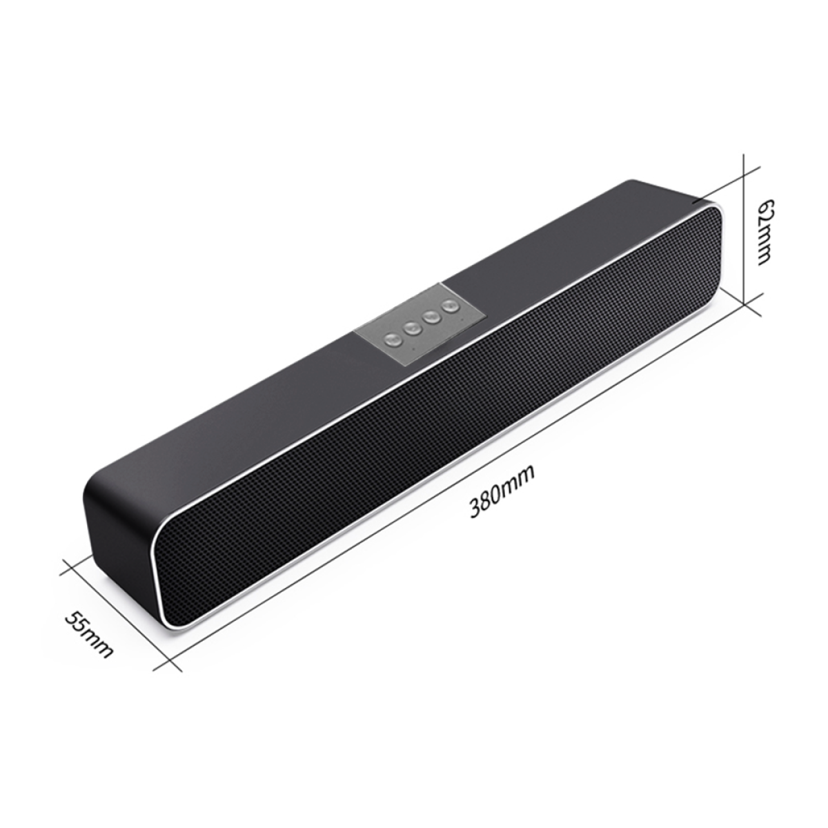 Eine schwarze Soundbar mit Maßen in Millimetern auf Weiß.