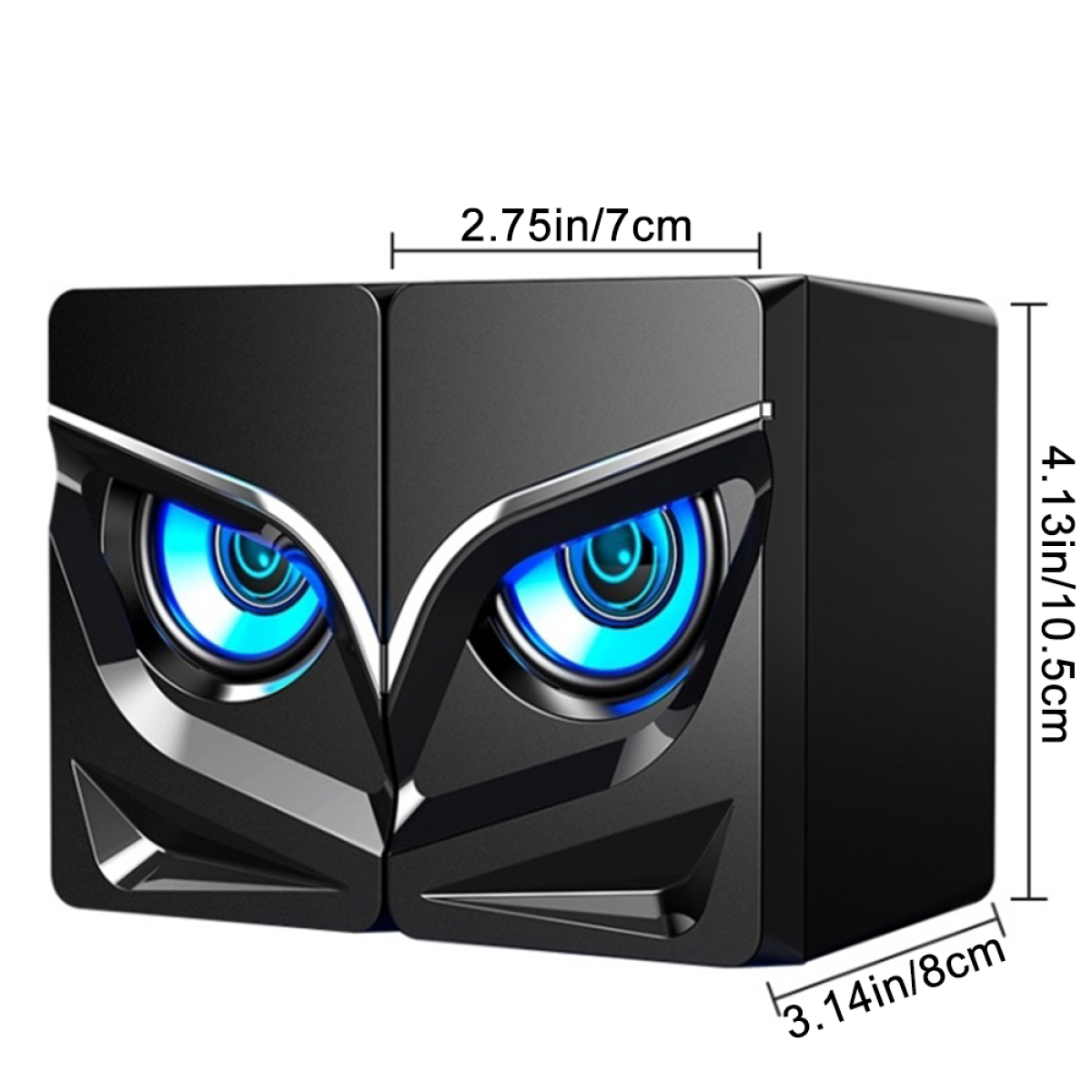 Schwarzer Lautsprecher im Eulen-Design, blaue Lichter und Abmessungen 2,75 Zoll/7 cm und 4,13 Zoll/10,5 cm.