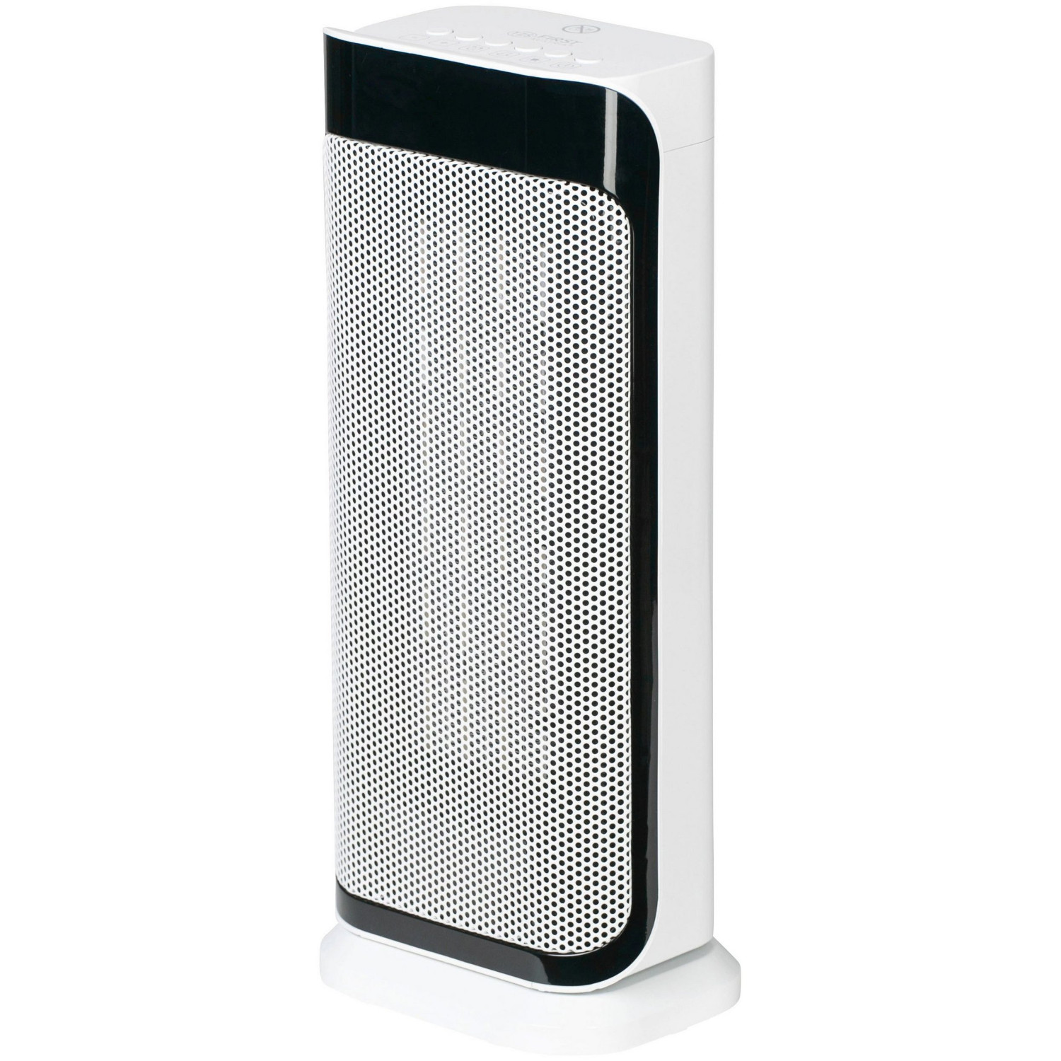 Termoventilatore a torre bianco e nero con frontale perforato e parte superiore nera, su superficie bianca.