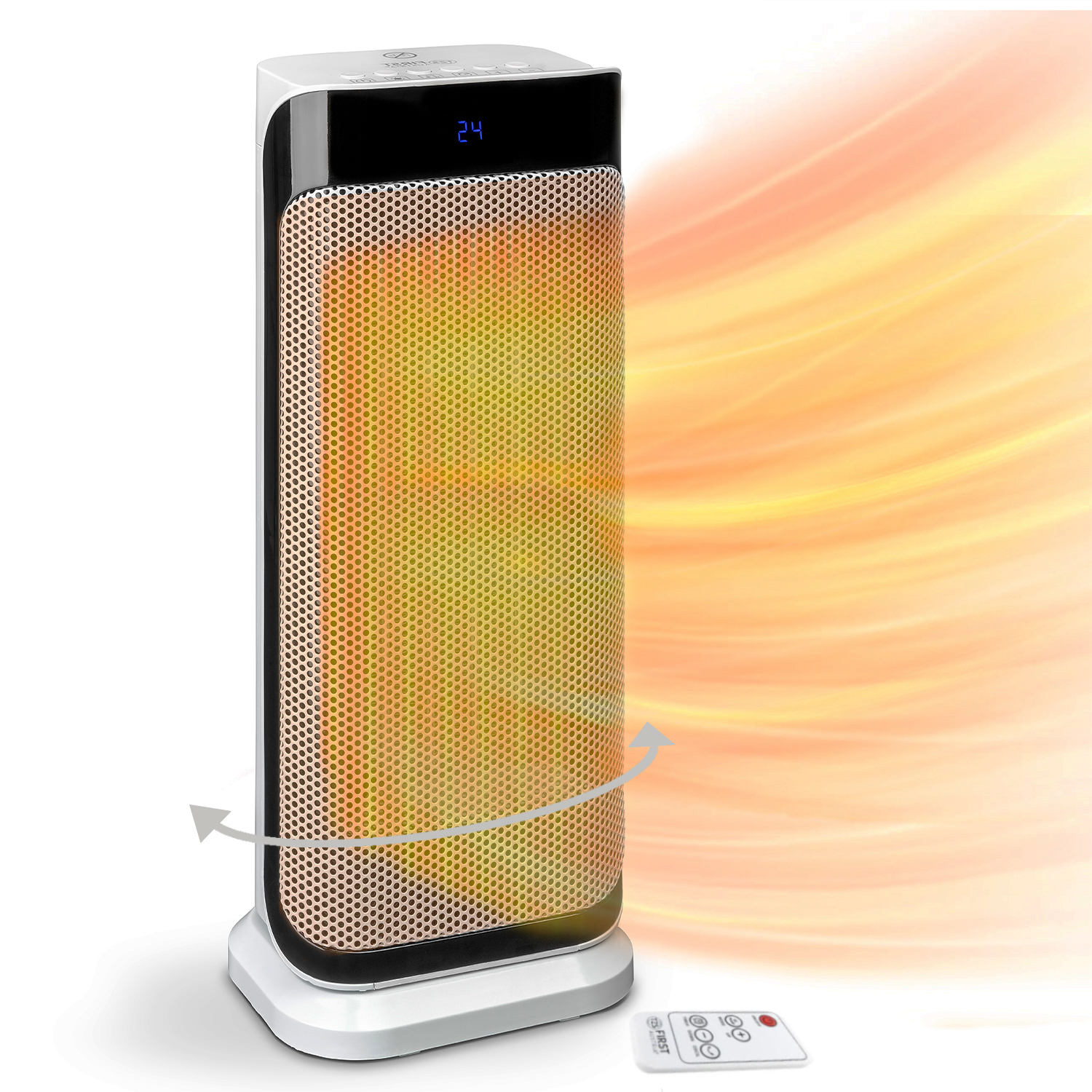 Stufa elettrica in bianco e nero con display digitale e telecomando. Lo sfondo ha sfumature arancioni.