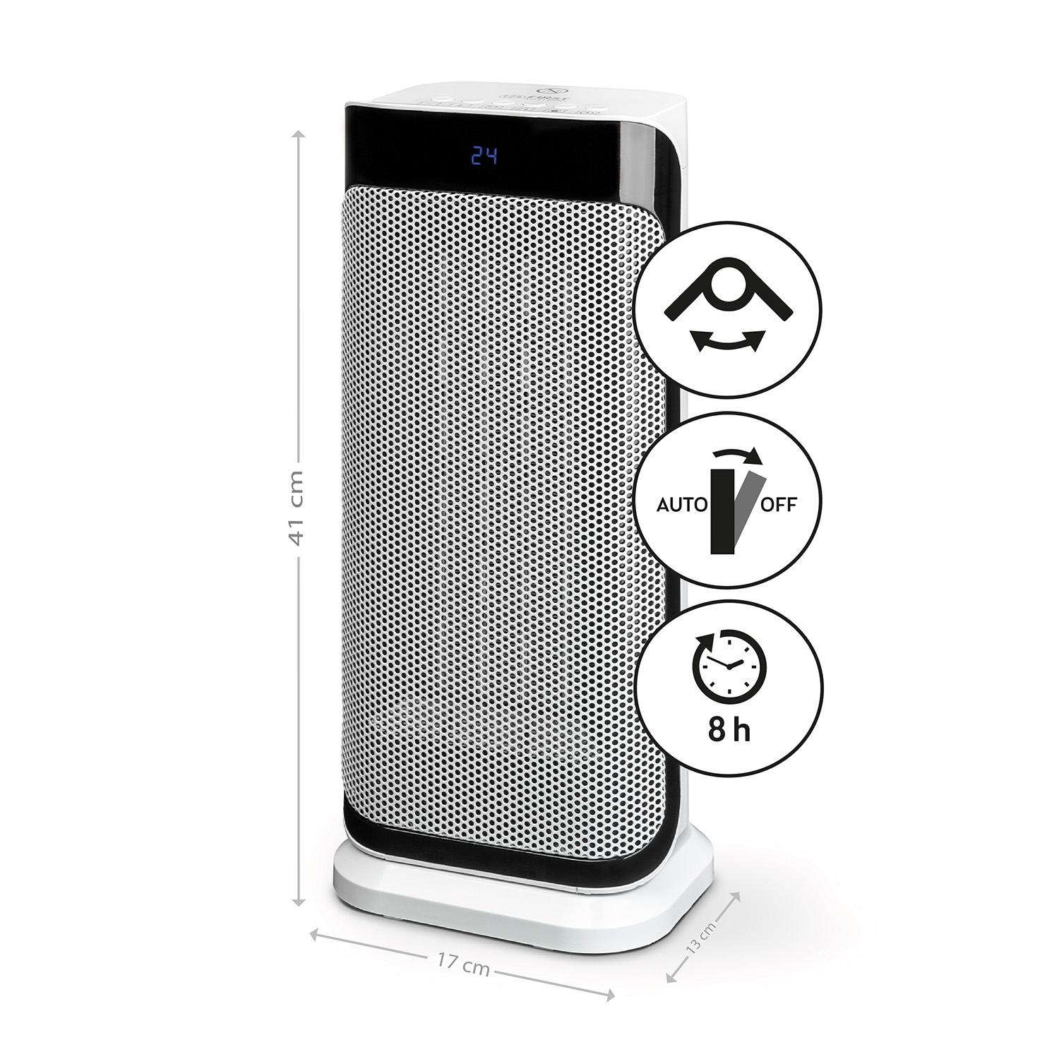 Termoventilatore a torre bianco e nero con dimensioni ed icone per oscillazione, auto/off e timer 8h.