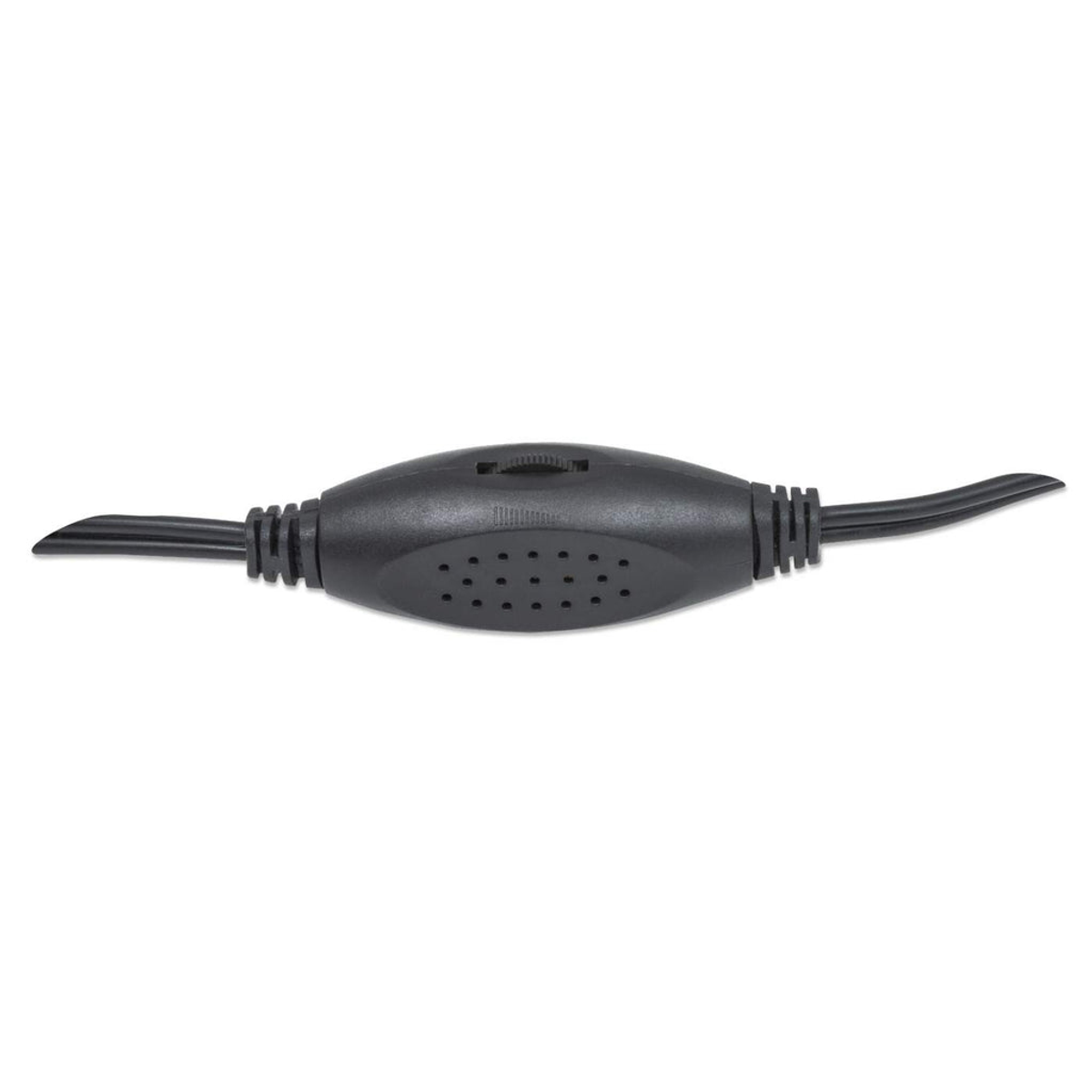 Czarny łącznik kabla w linii z przełącznikiem i małymi otworami. Dwa czarne kable po każdej stronie.