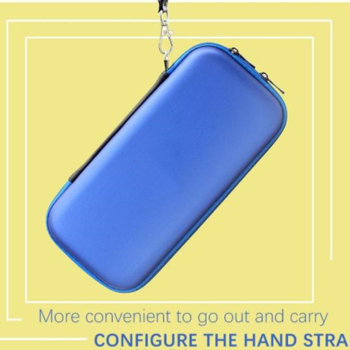 Niebieska walizka z zamkiem błyskawicznym i paskiem na żółtym tle.