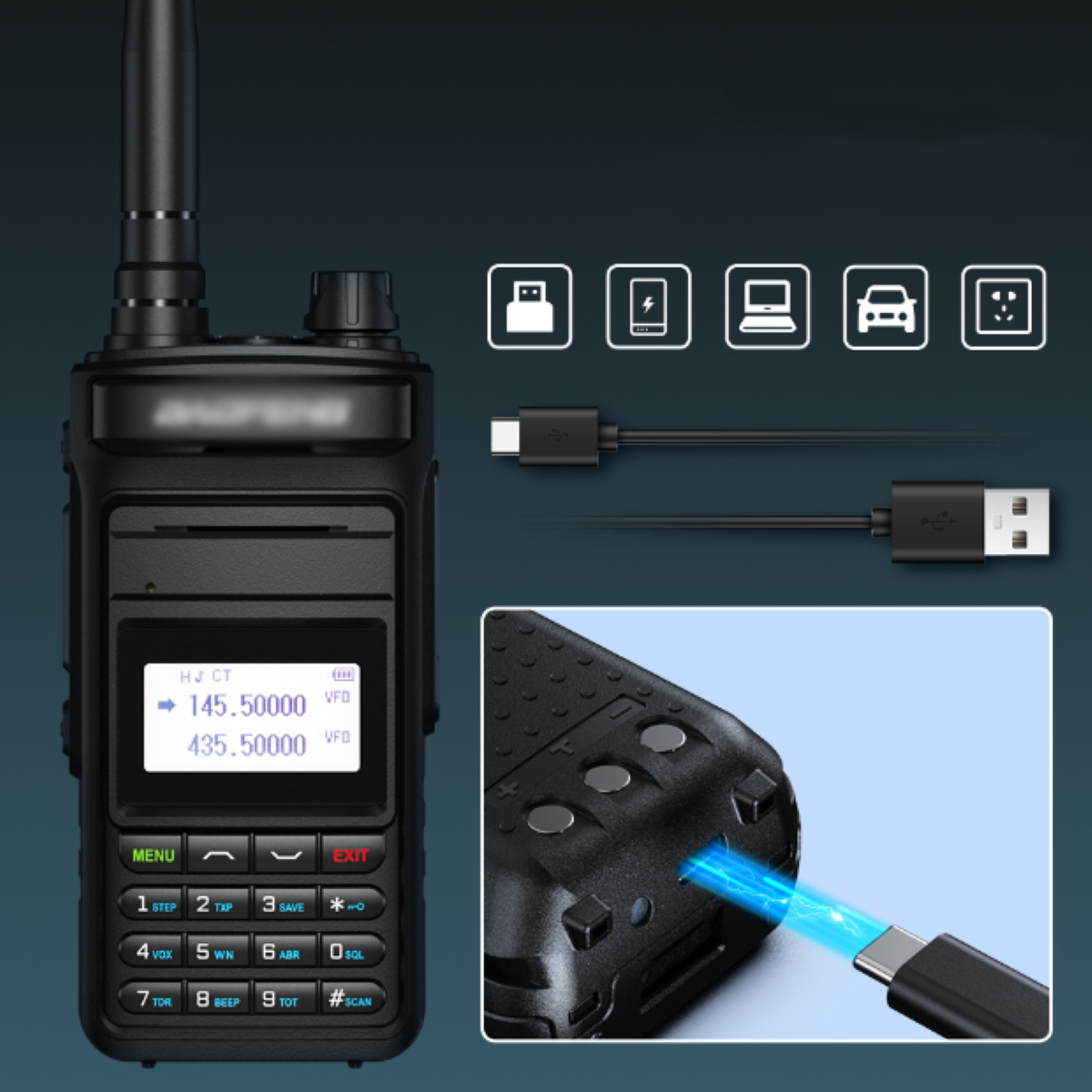 Schwarzes Walkie-Talkie mit Bildschirm, Kabeln und Symbolen. Nahaufnahme des Ladeanschlusses.