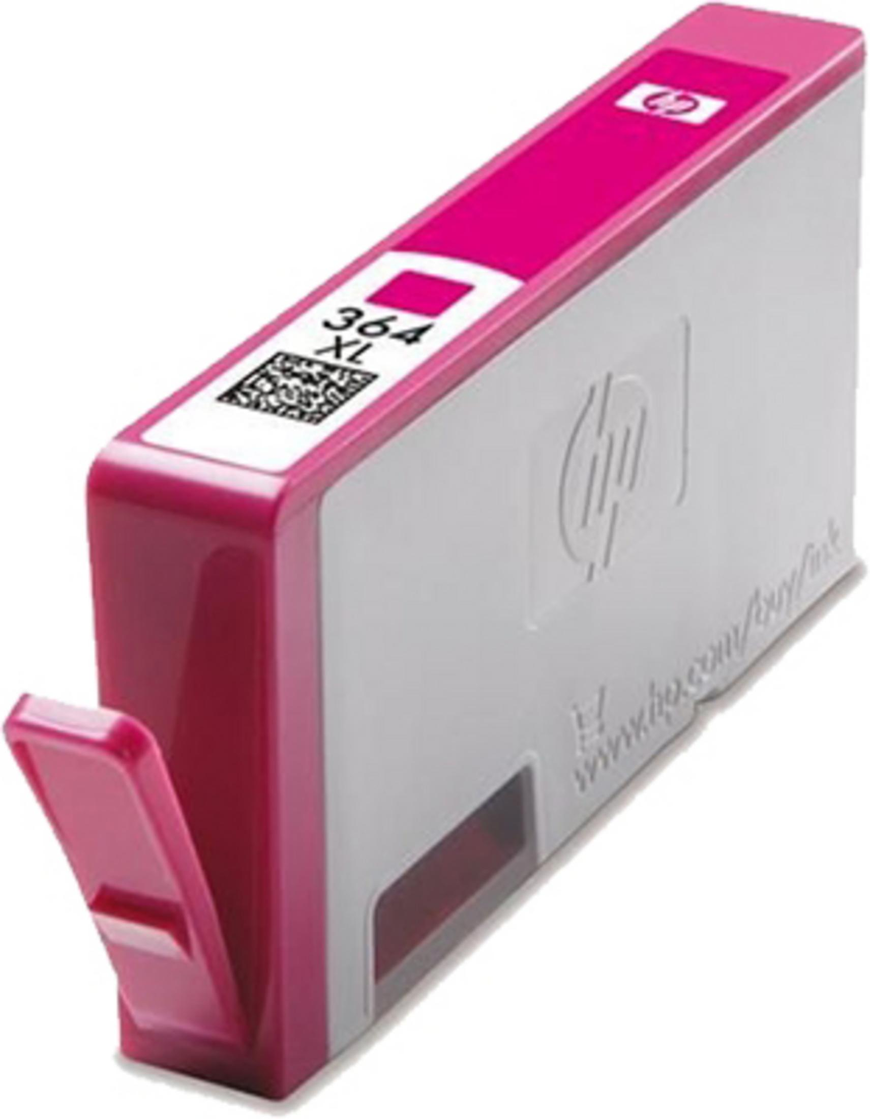 Rosa-weiße HP-Tintenpatrone. Etikett mit Text und QR-Code.