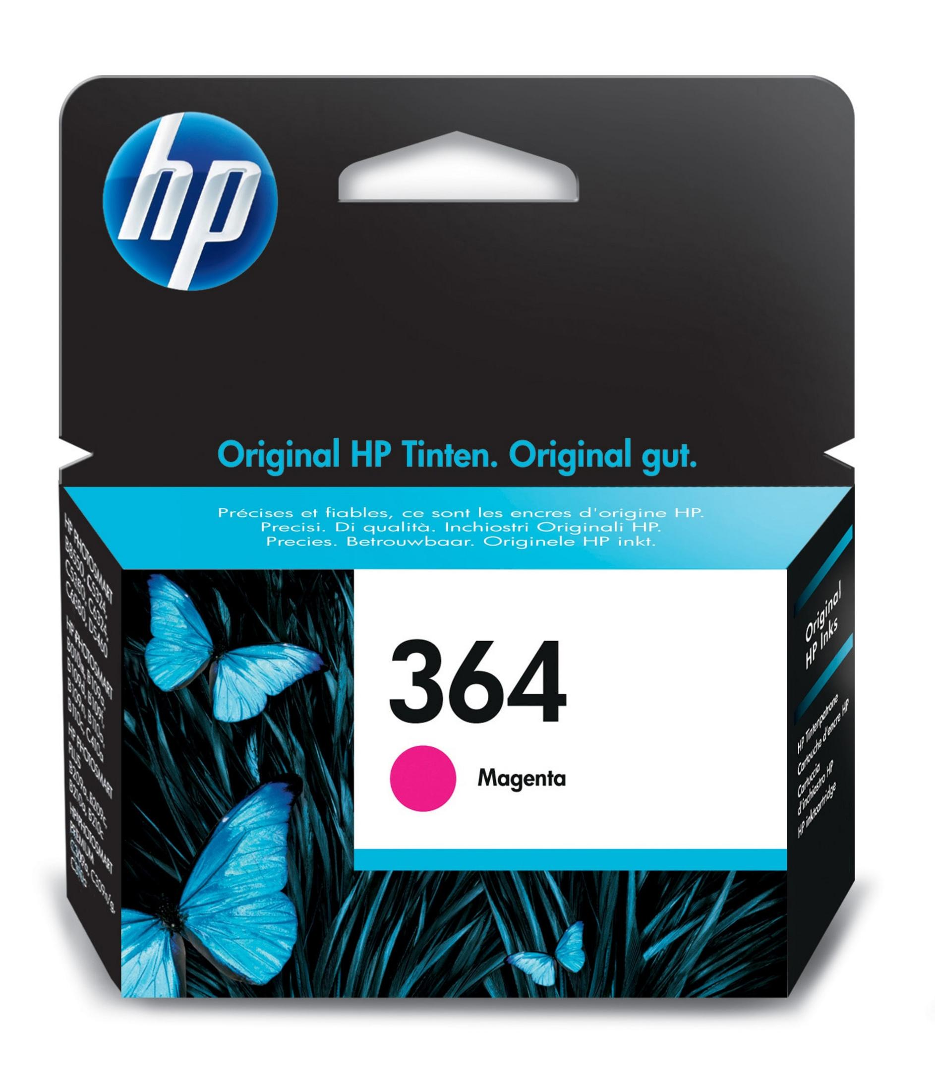 Eine magenta Tintenpatronenbox mit Schmetterlingen. Auf der Box steht 'Original HP Tinten'.