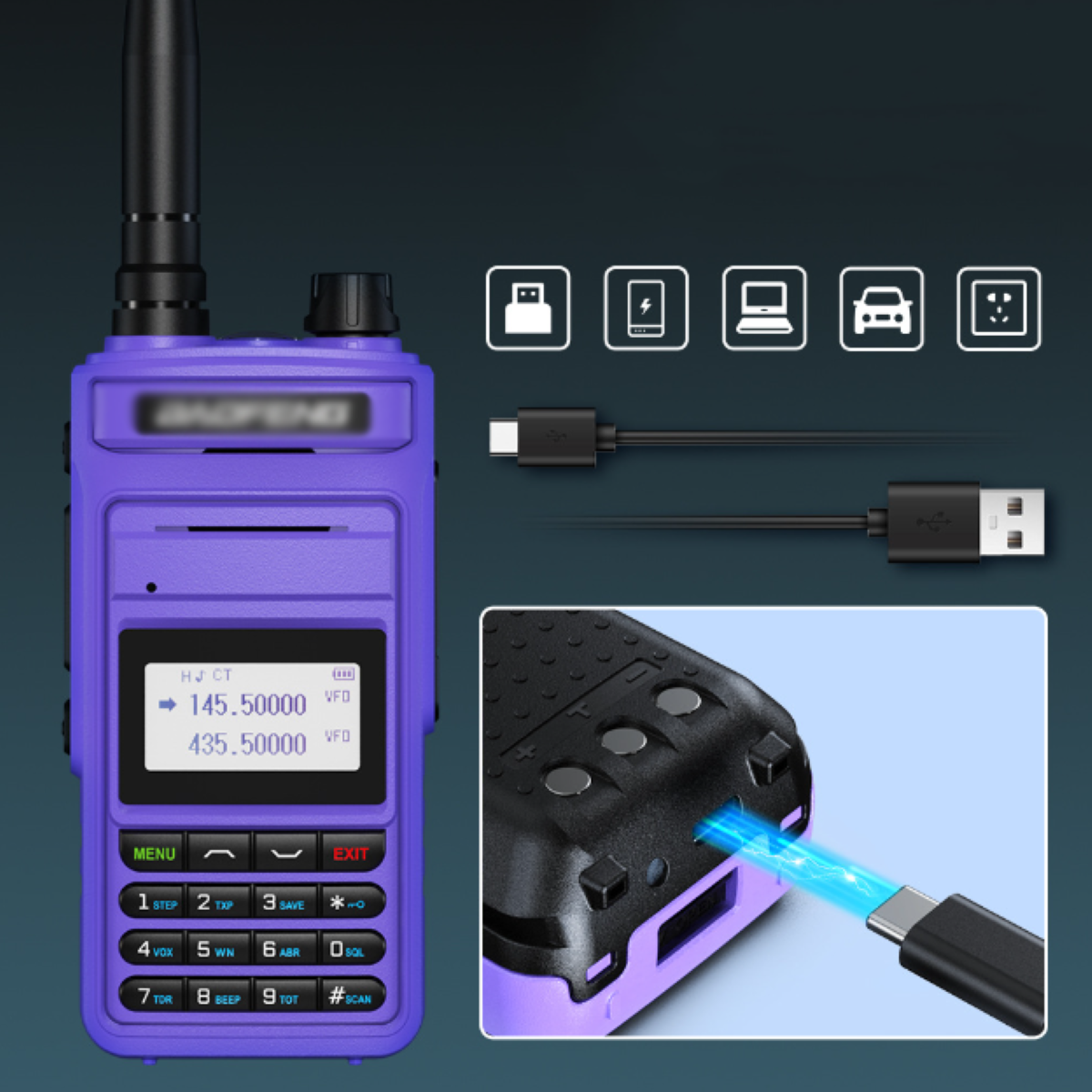 Lila Funkgerät mit Antenne und Bildschirm, Ladeanschluss und mehreren Symbolen. Kabel zum Aufladen sind abgebildet.