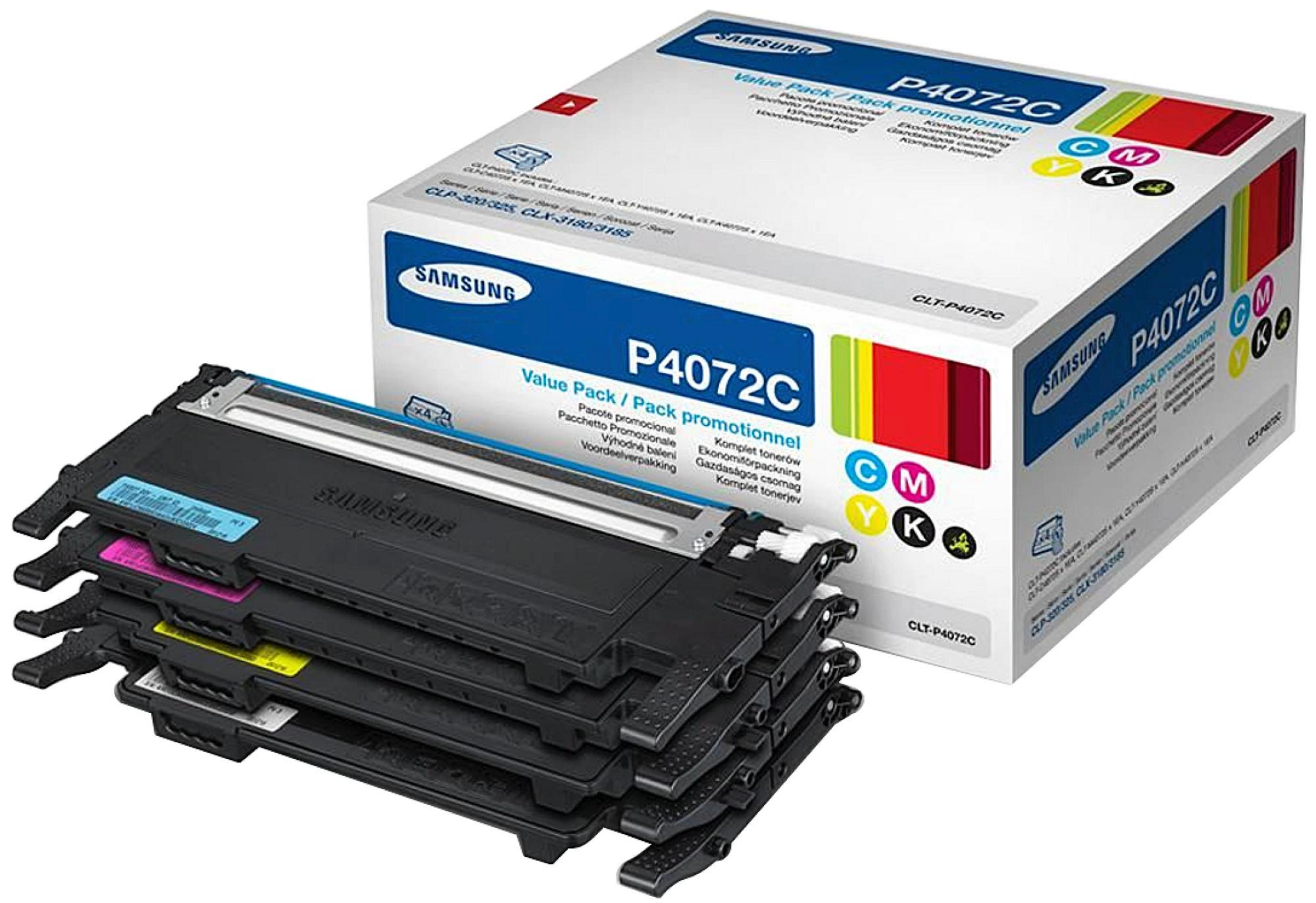 Una scatola di cartucce toner per stampanti Samsung. Toner ciano, magenta, giallo e nero sono visibili.