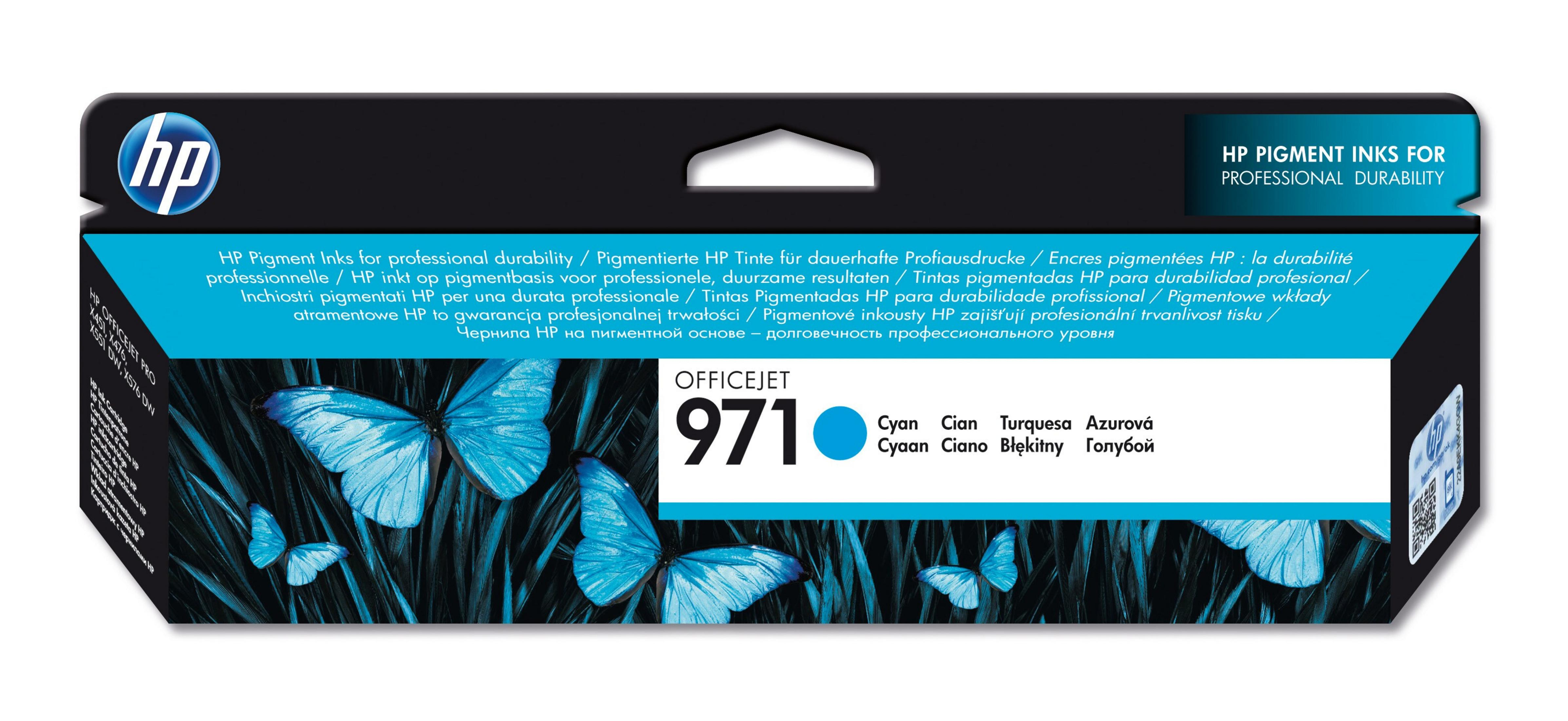 Een verpakking HP inktcartridges. De doos heeft vlinders en tekst in meerdere talen.