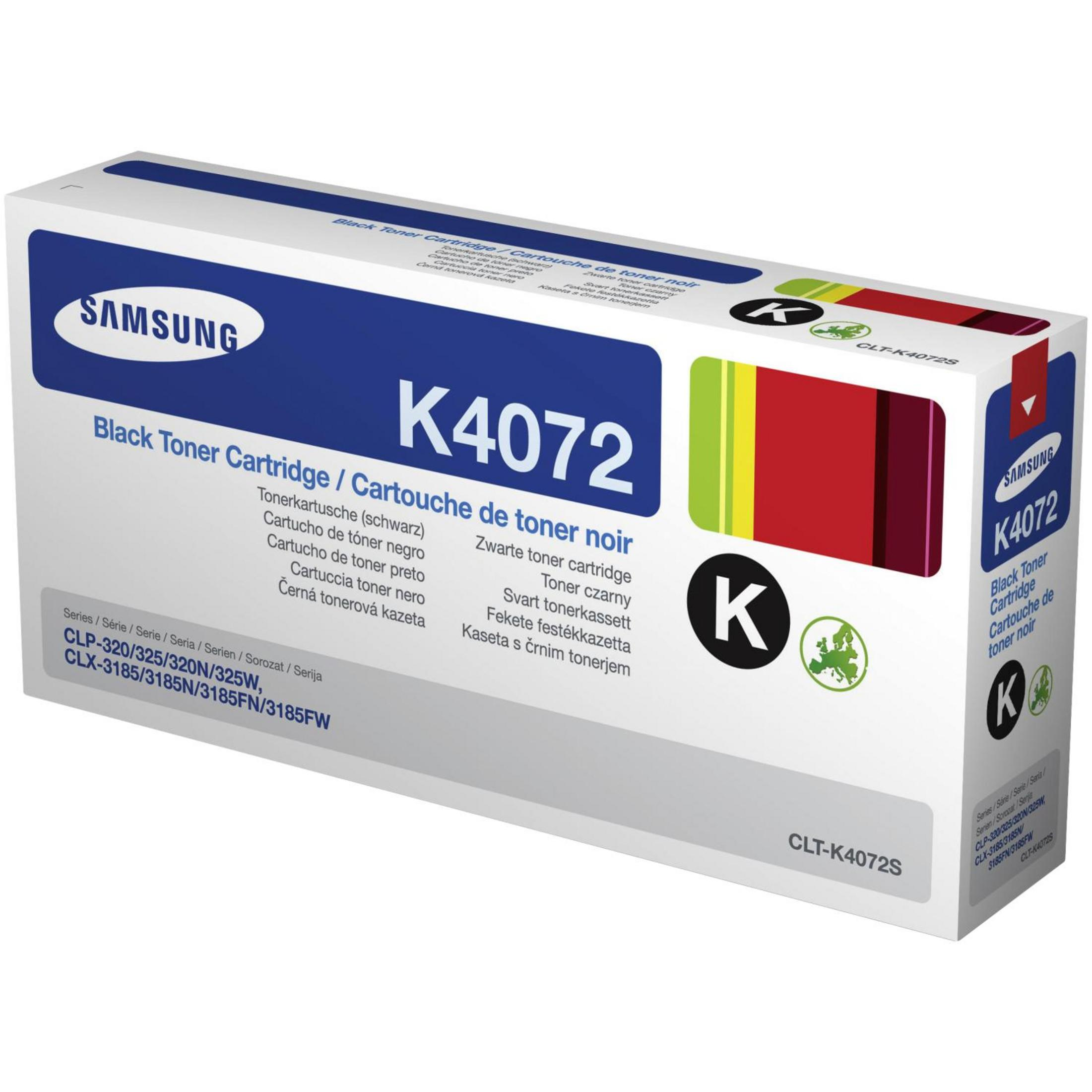 Una scatola di cartucce toner Samsung bianca e blu, con testo e la lettera K.