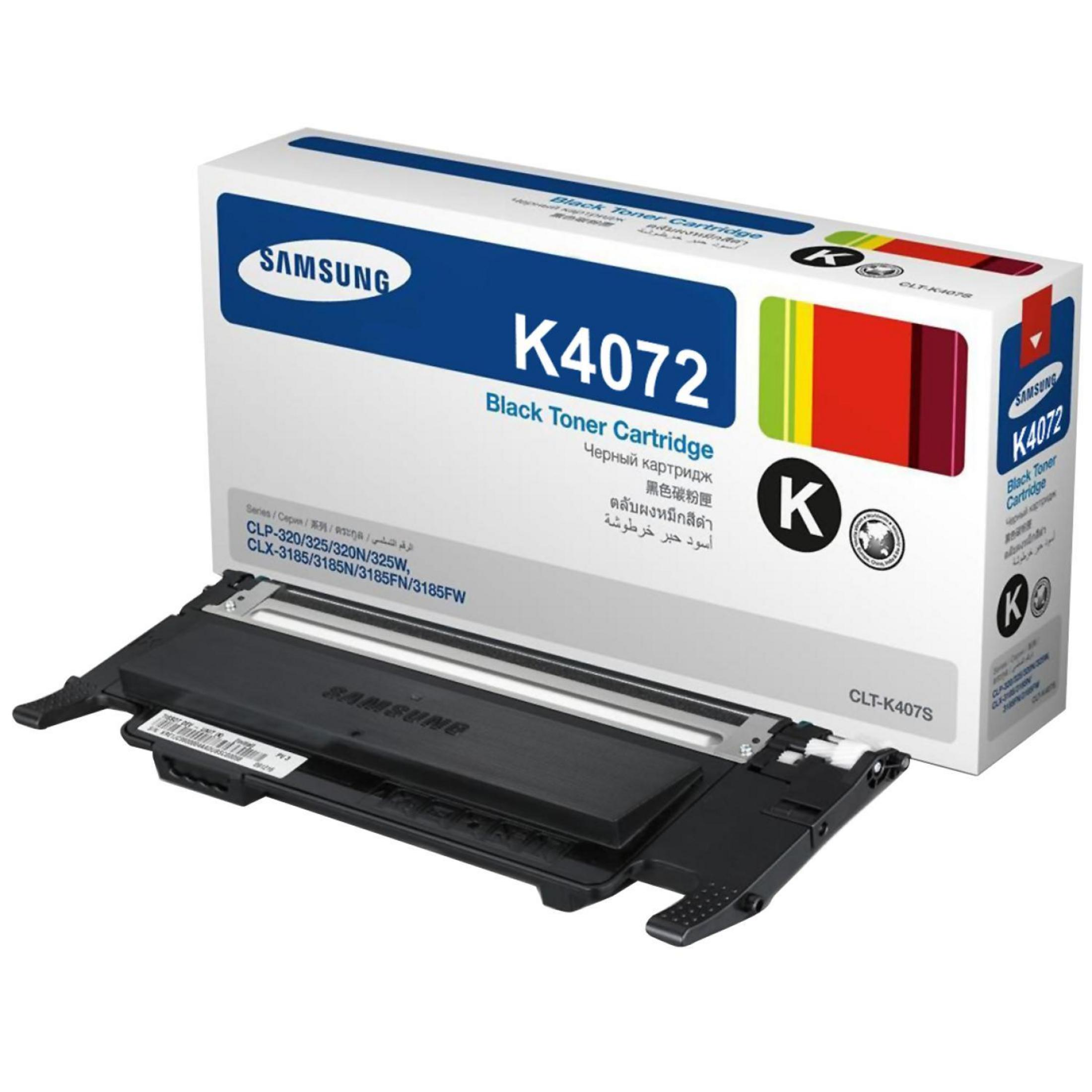 Una scatola di cartucce toner Samsung, con grafica colorata e la cartuccia toner visibile.