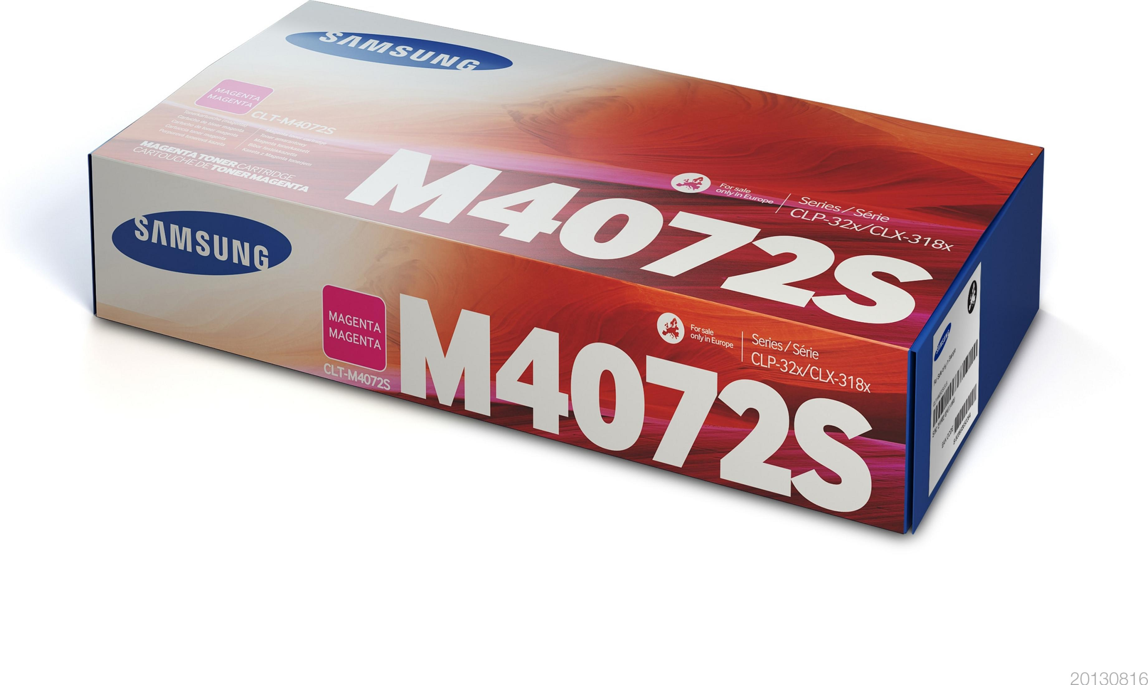 Caja de cartucho de tóner magenta Samsung M4072S. Fondo blanco con gradiente rojo-rosa y detalles.