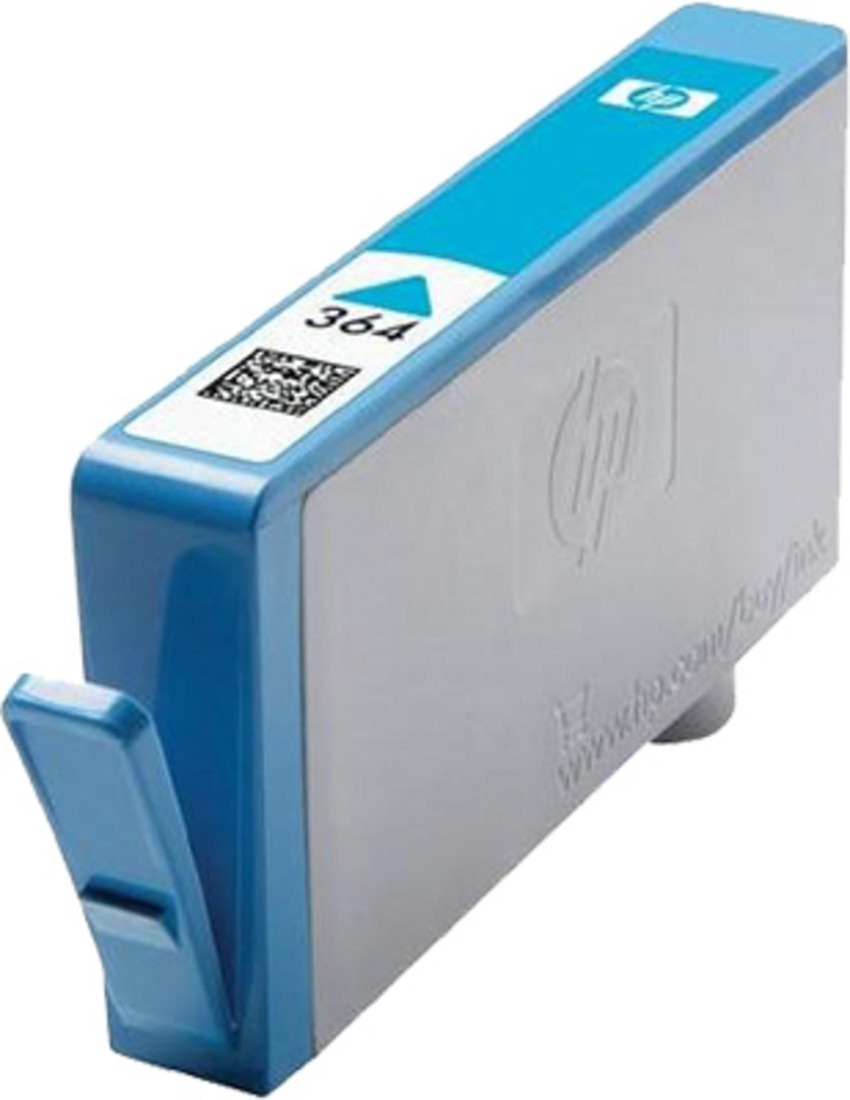 HP 364 inktcartridge. Blauwe accenten, witte en grijze behuizing. QR-code en tekst op label.