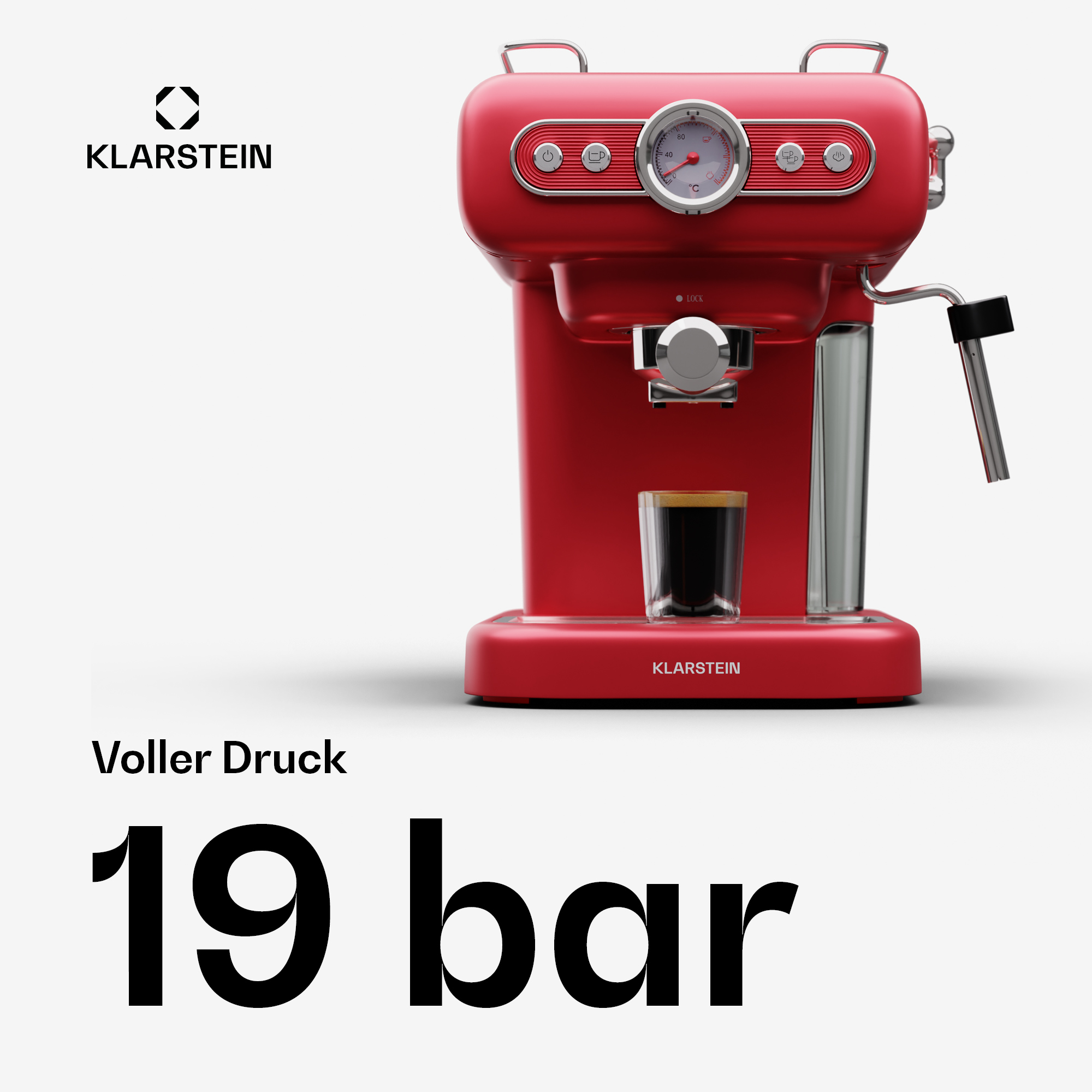 MACCHINA CAFFÈ MANUALE KLARSTEIN 10045423, Compatibile con Caffè macinato, Pressione pompa 19 bar, Potenza 950 W, Serbatoio acqua 1,2 l, Rosso