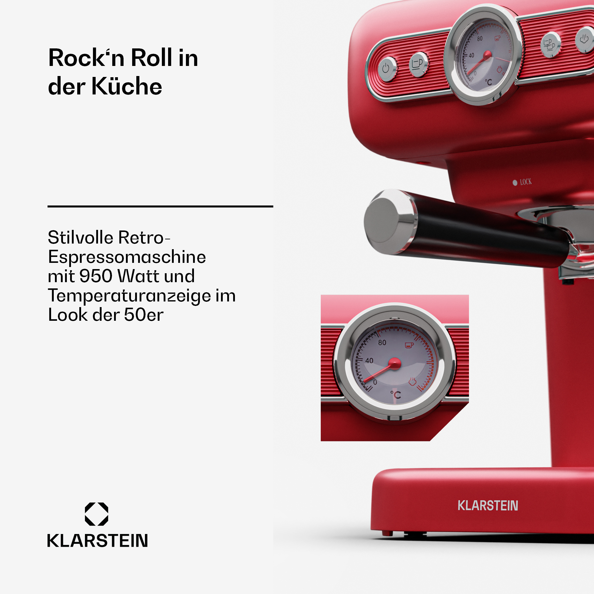 MACCHINA CAFFÈ MANUALE KLARSTEIN 10045423, Compatibile con Caffè macinato, Pressione pompa 19 bar, Potenza 950 W, Serbatoio acqua 1,2 l, Rosso
