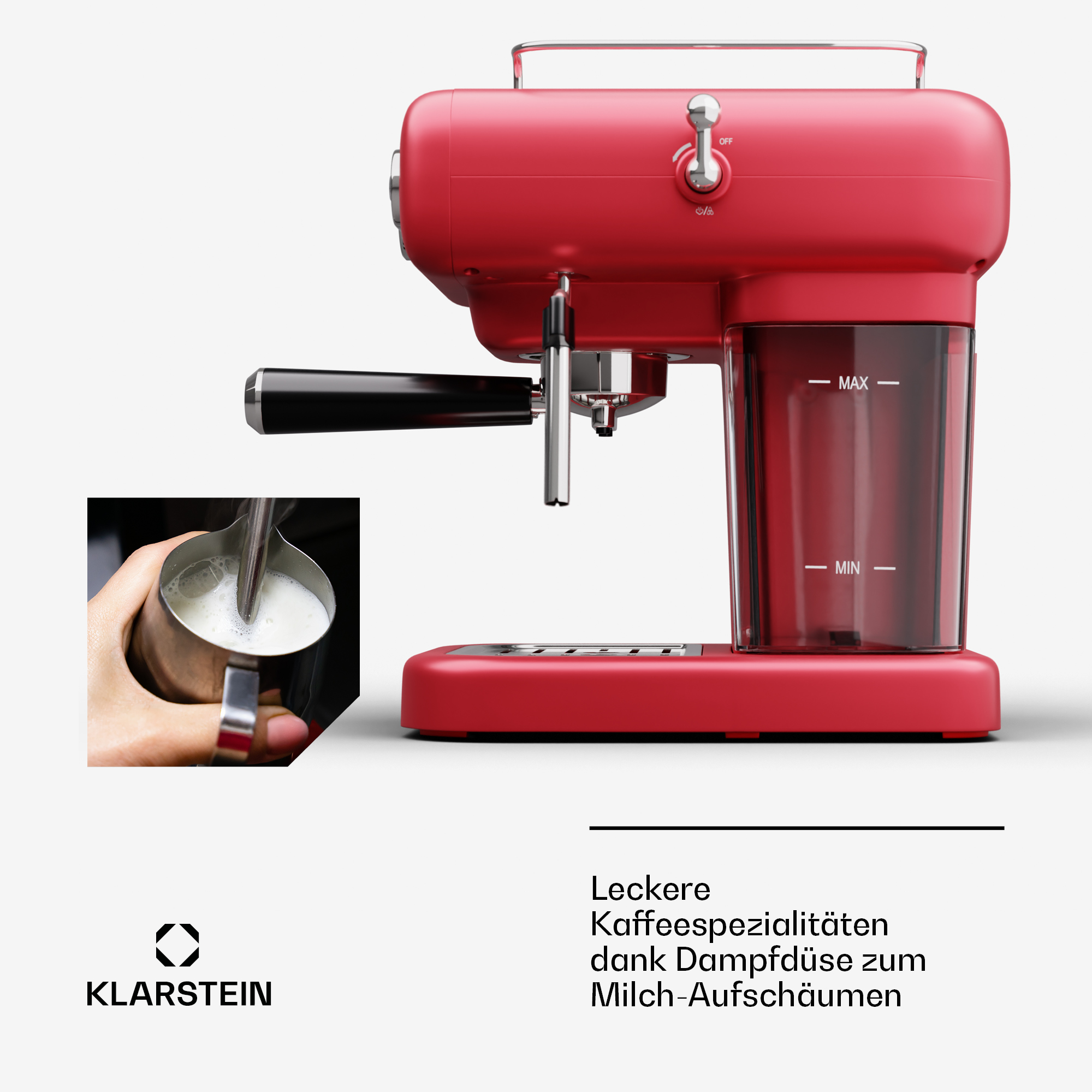 MACCHINA CAFFÈ MANUALE KLARSTEIN 10045423, Compatibile con Caffè macinato, Pressione pompa 19 bar, Potenza 950 W, Serbatoio acqua 1,2 l, Rosso