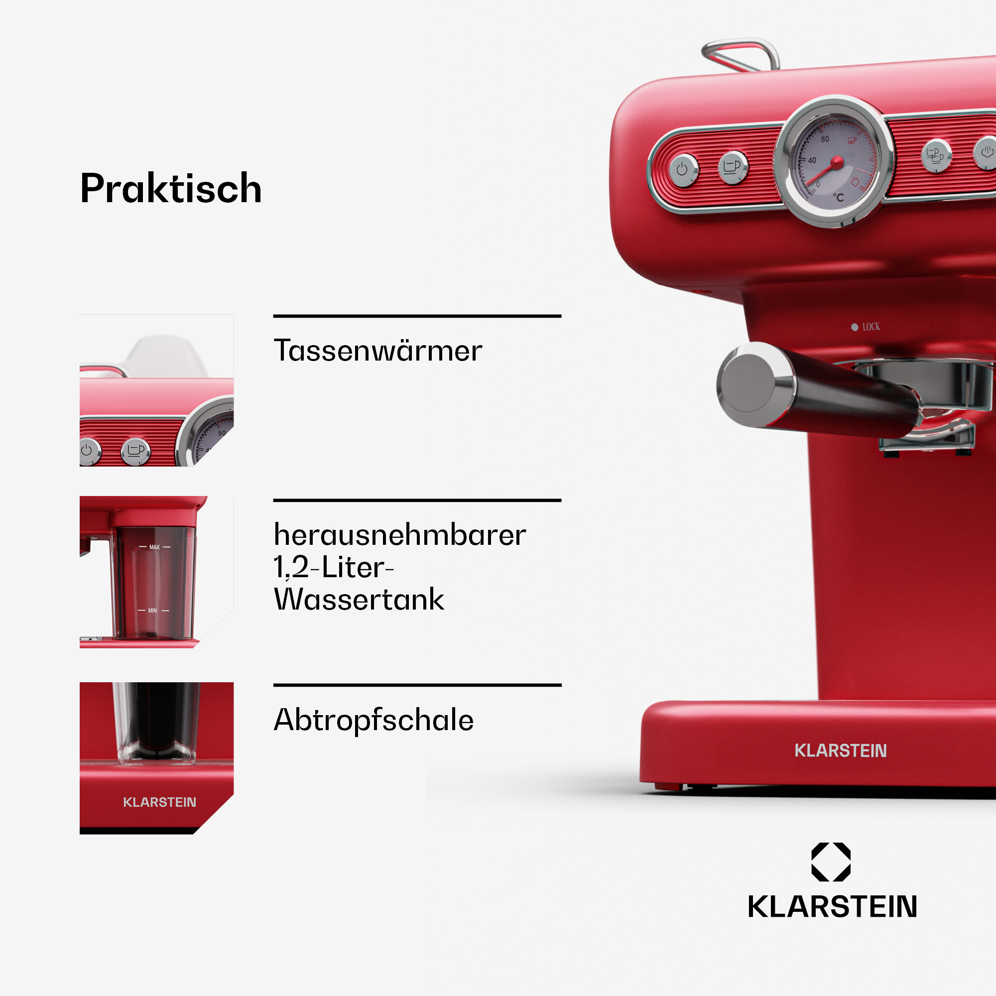 MACCHINA CAFFÈ MANUALE KLARSTEIN 10045423, Compatibile con Caffè macinato, Pressione pompa 19 bar, Potenza 950 W, Serbatoio acqua 1,2 l, Rosso