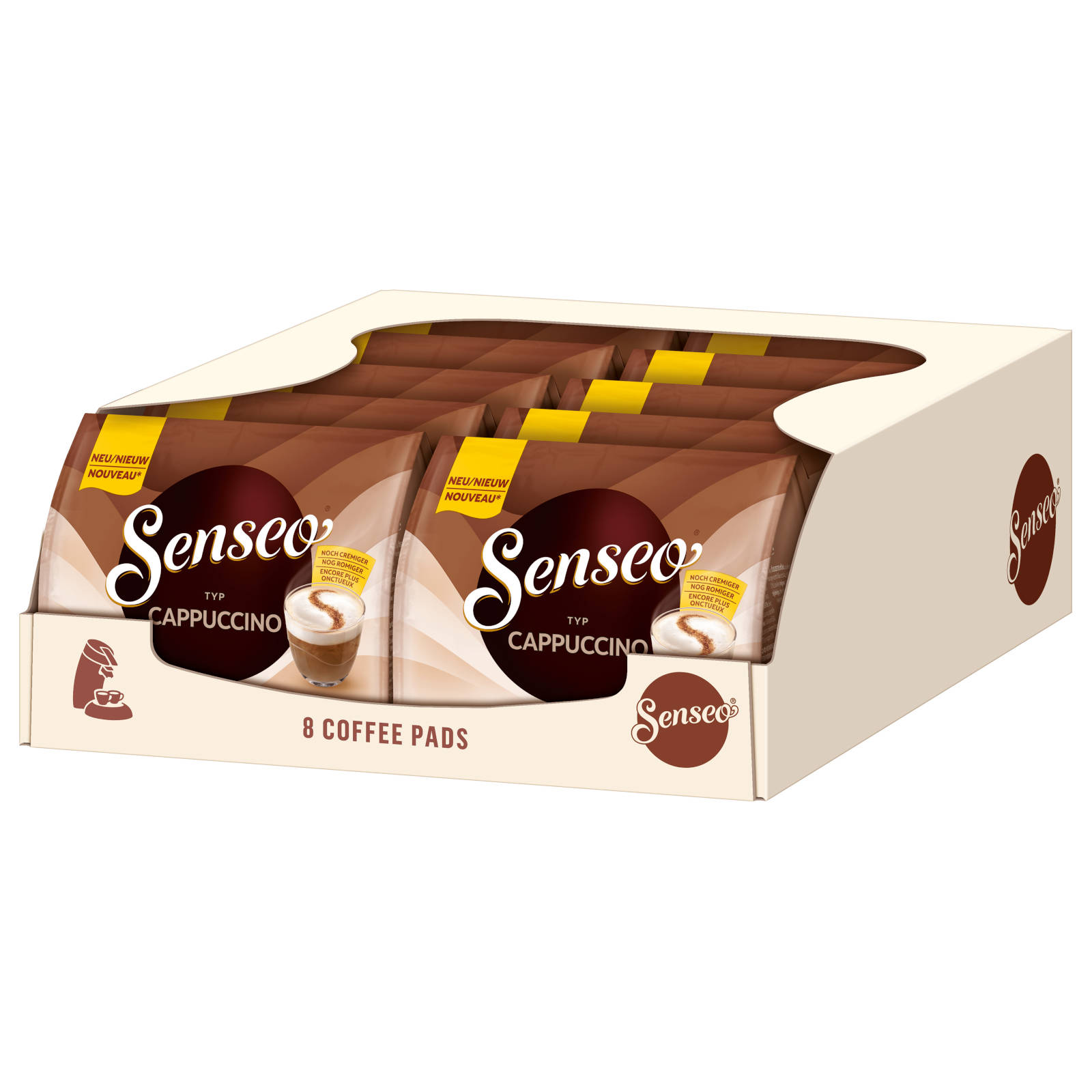 Schachtel mit Senseo Cappuccino Pads. Die Schachtel ist weiß mit braunen Pads und einem Logo.