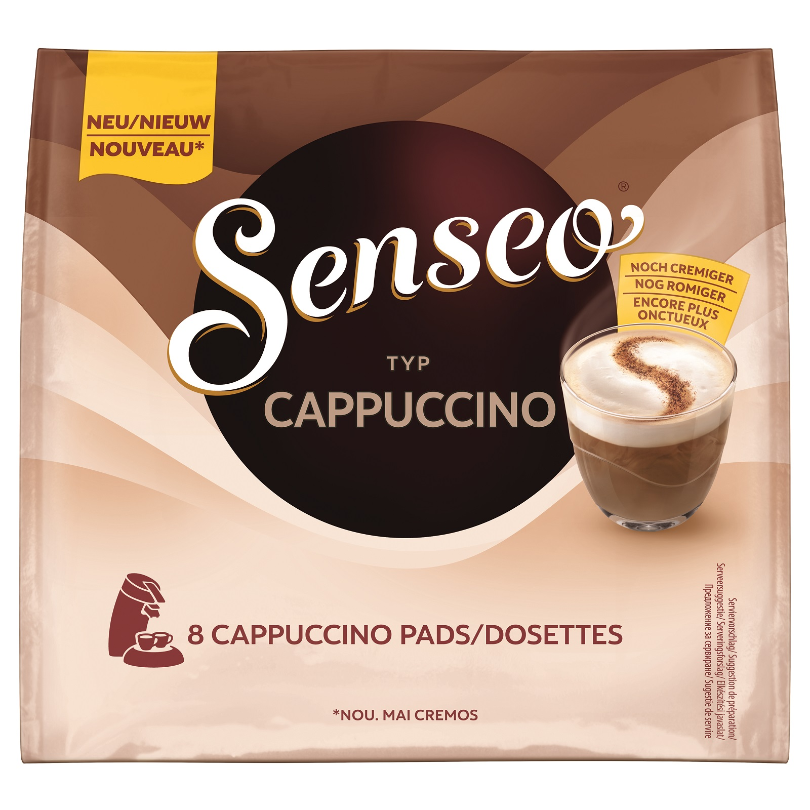 Eine Packung Senseo Cappuccino Kaffeepads mit einem Kaffeetassenbild.