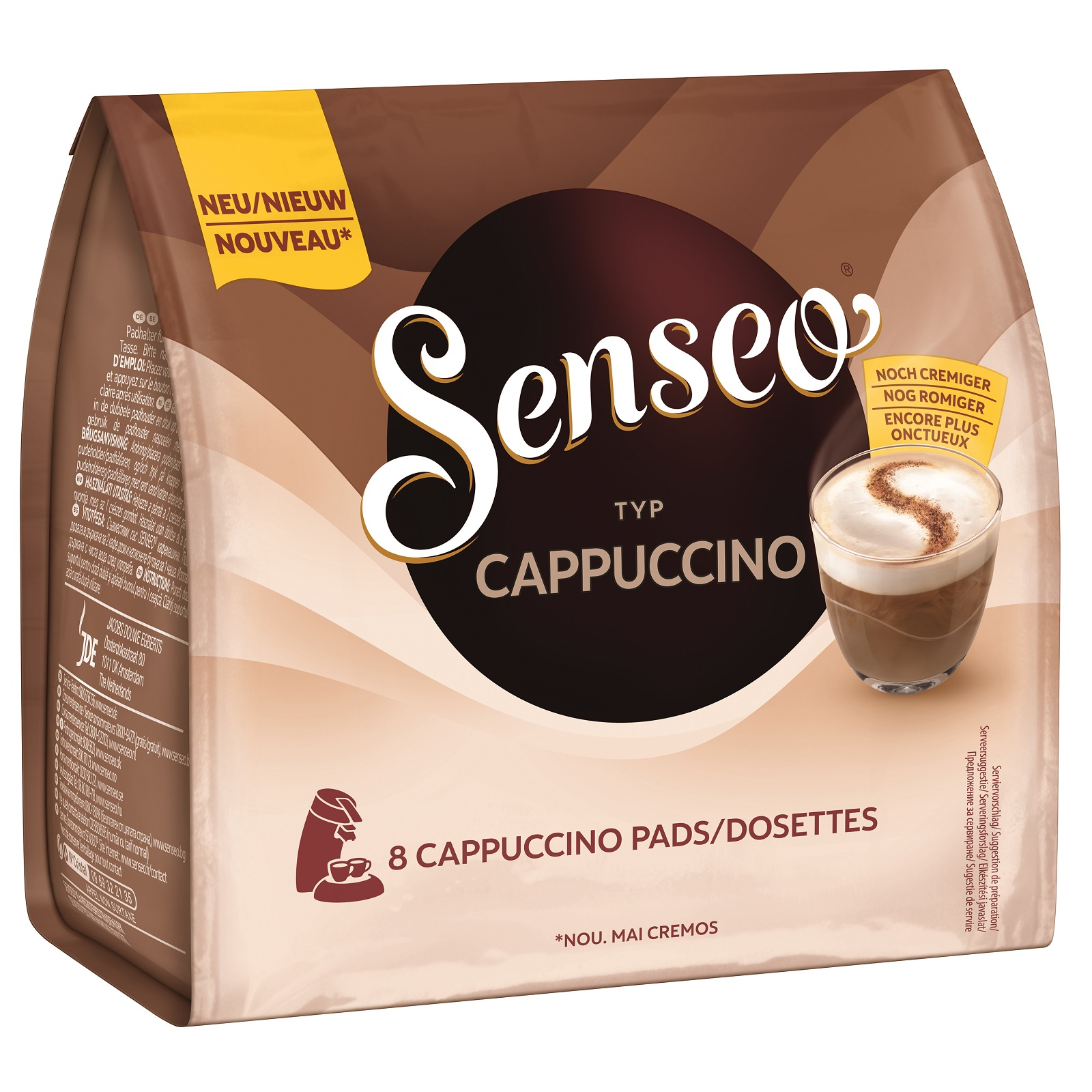 Senseo Cappuccino Pads Beutel, braun und beige, mit einer Kaffeetasse.