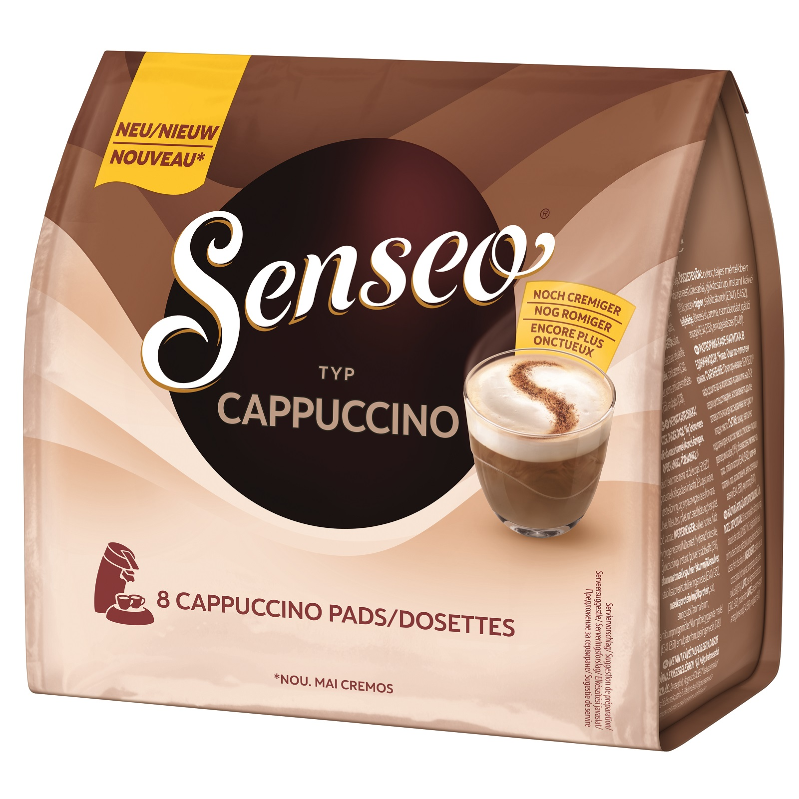 Eine Cappuccino-Kaffeepackung mit einem Kaffeebild und den Worten 'Senseo Cappuccino'.